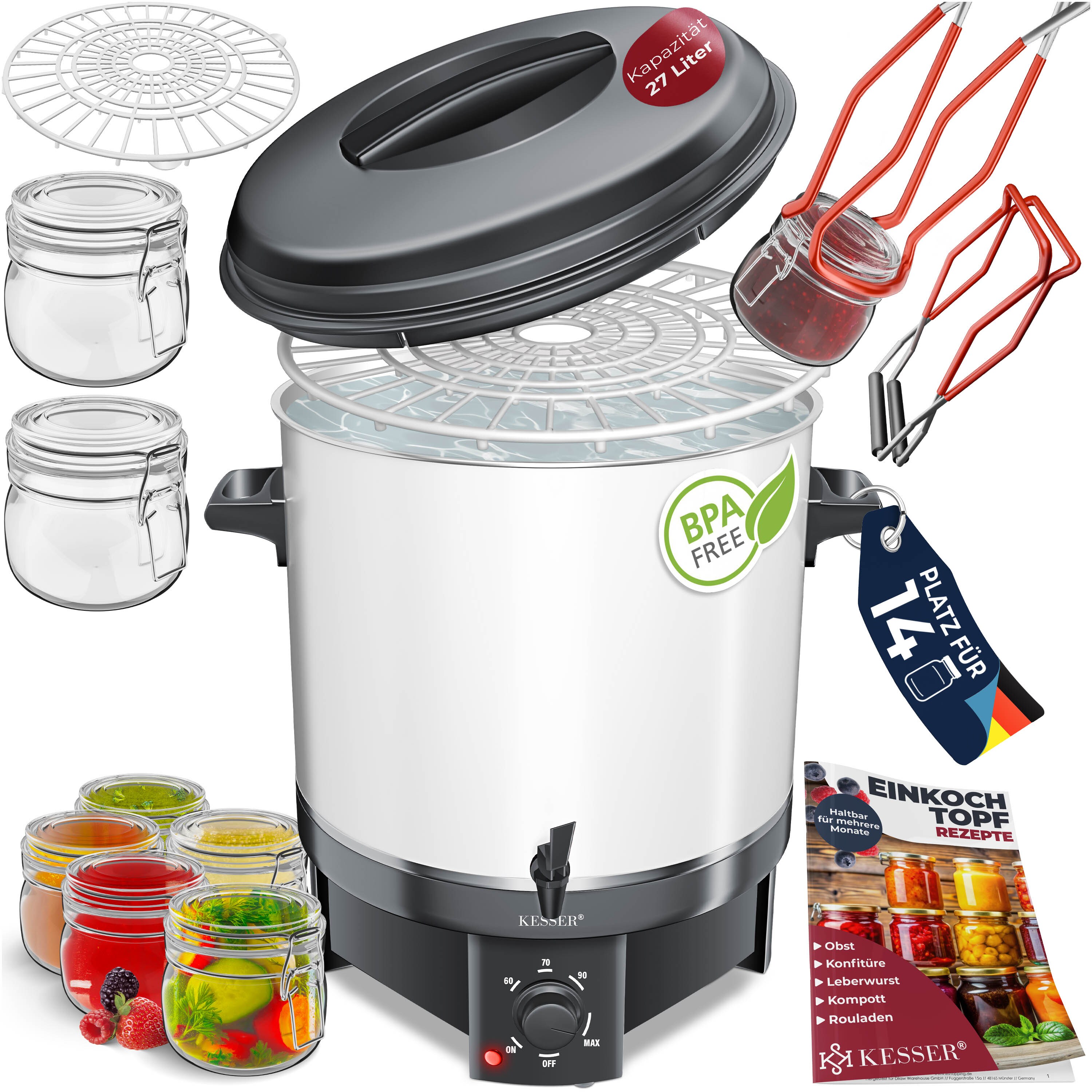 KESSER Einkochautomat 27 Liter, Edelstahl| 1800 Watt | Temperatur von 30-100&deg;C | Dauerbetrieb | Abschaltautomatik Einkochvollautomat Hei&szlig;getr&auml;nkeautomat Gl&uuml;hweintopf mit Zange & 2 Gl&auml;sern 