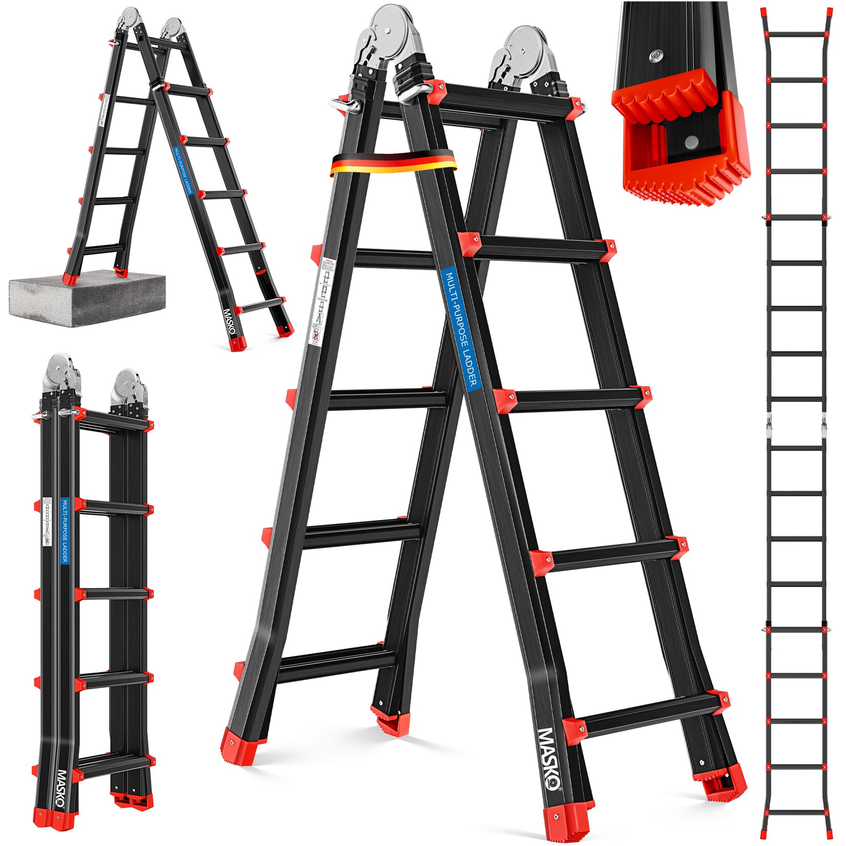 Aluminium 6in1 Mehrzweckleiter – 20 Sprossen   - 520 cm   , ausziehbar, Rutschfest, Multifunktional, Gelenkleiter, Anlegeleiter, Klappleiter, beidseitige Steh- und Treppenleiter