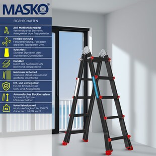 MASKO Aluminium 6in1 Mehrzweckleiter – 20 Sprossen | - 520 cm | 150 Kg, ausziehbar, Rutschfest, Multifunktional, Gelenkleiter, Anlegeleiter, Klappleiter, beidseitige Steh- und Treppenleiter 
