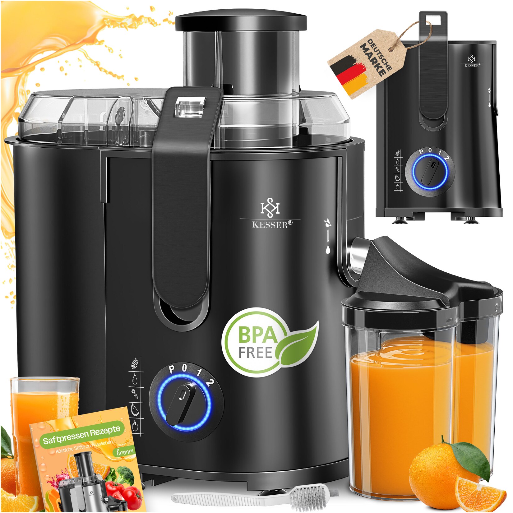 ® Entsafter für Obst und Gemüse aus Edelstahl 1100W große 85 mm Einfüllöffnung inkl. Reinigungsbürste und Saftbehälter 3 Geschwindigkeitsstufen, Saftpresse Juicer