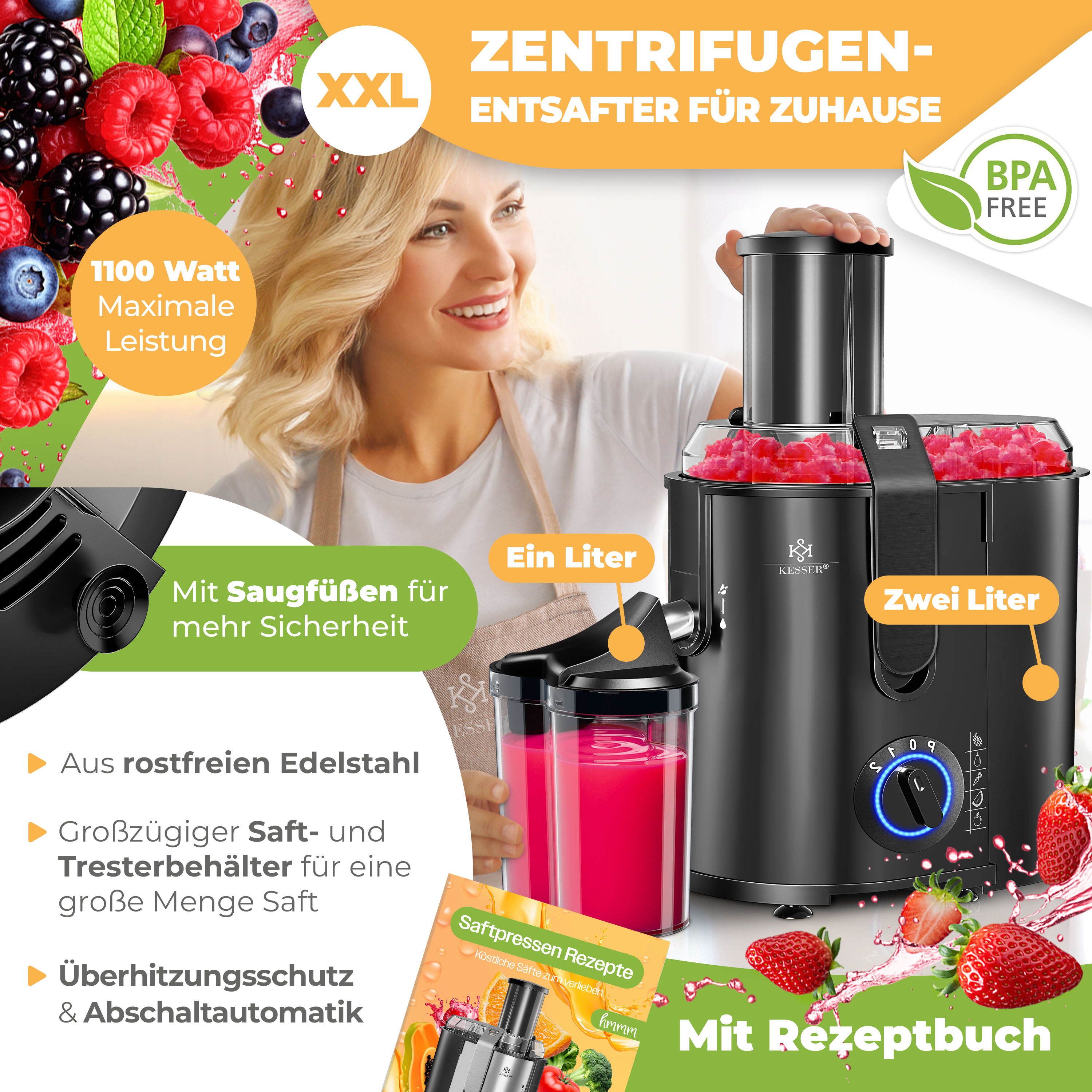 KESSER® Entsafter für Obst und Gemüse aus Edelstahl 1100W große 85 mm Einfüllöffnung inkl. Reinigungsbürste und Saftbehälter 3 Geschwindigkeitsstufen, Saftpresse Juicer bei Marktkauf online bestellen