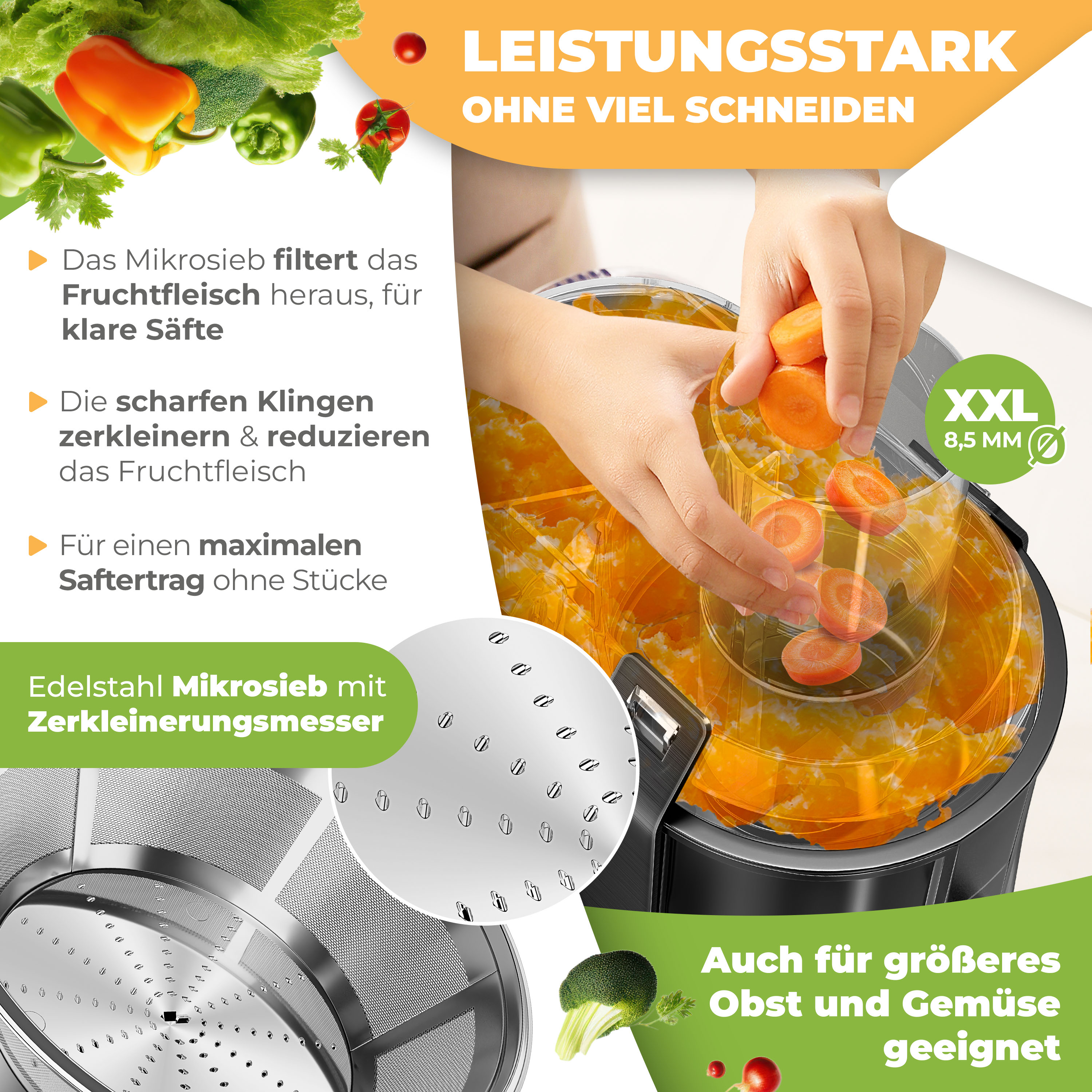 KESSER® Entsafter für Obst und Gemüse aus Edelstahl 1100W große 85 mm Einfüllöffnung inkl. Reinigungsbürste und Saftbehälter 3 Geschwindigke