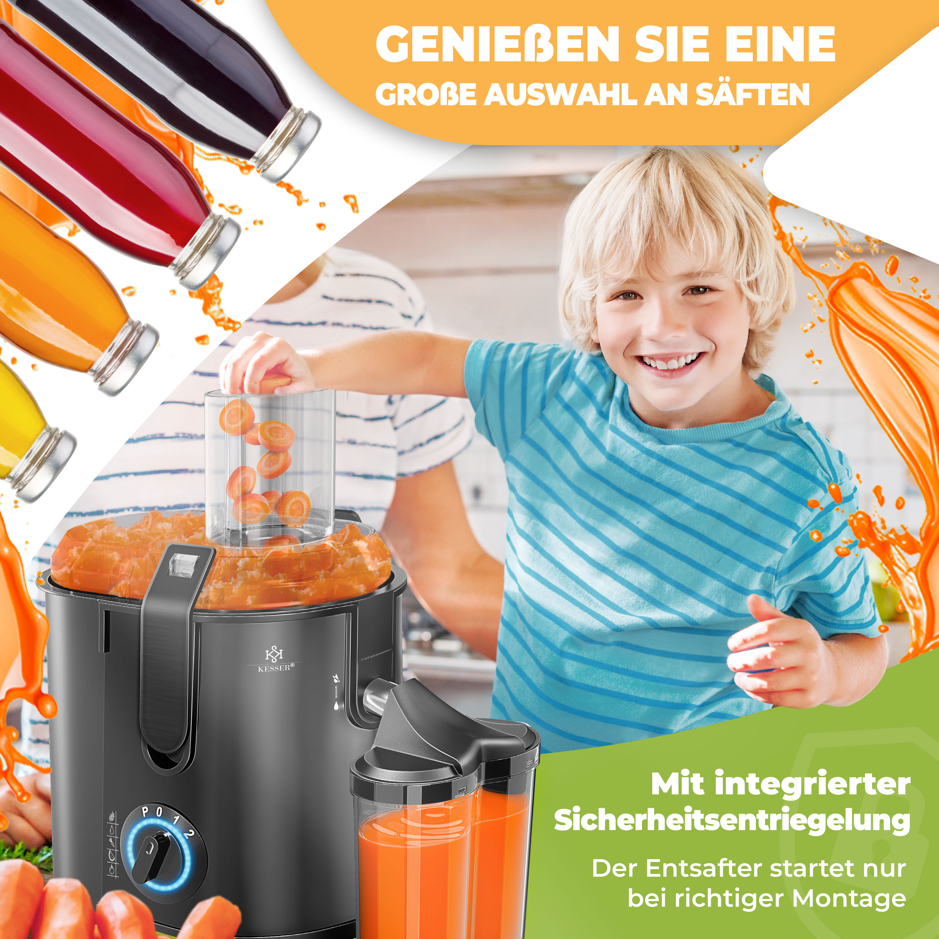 KESSER® Entsafter für Obst und Gemüse aus Edelstahl 1100W große 85 mm Einfüllöffnung inkl. Reinigungsbürste und Saftbehälter 3 Geschwindigke