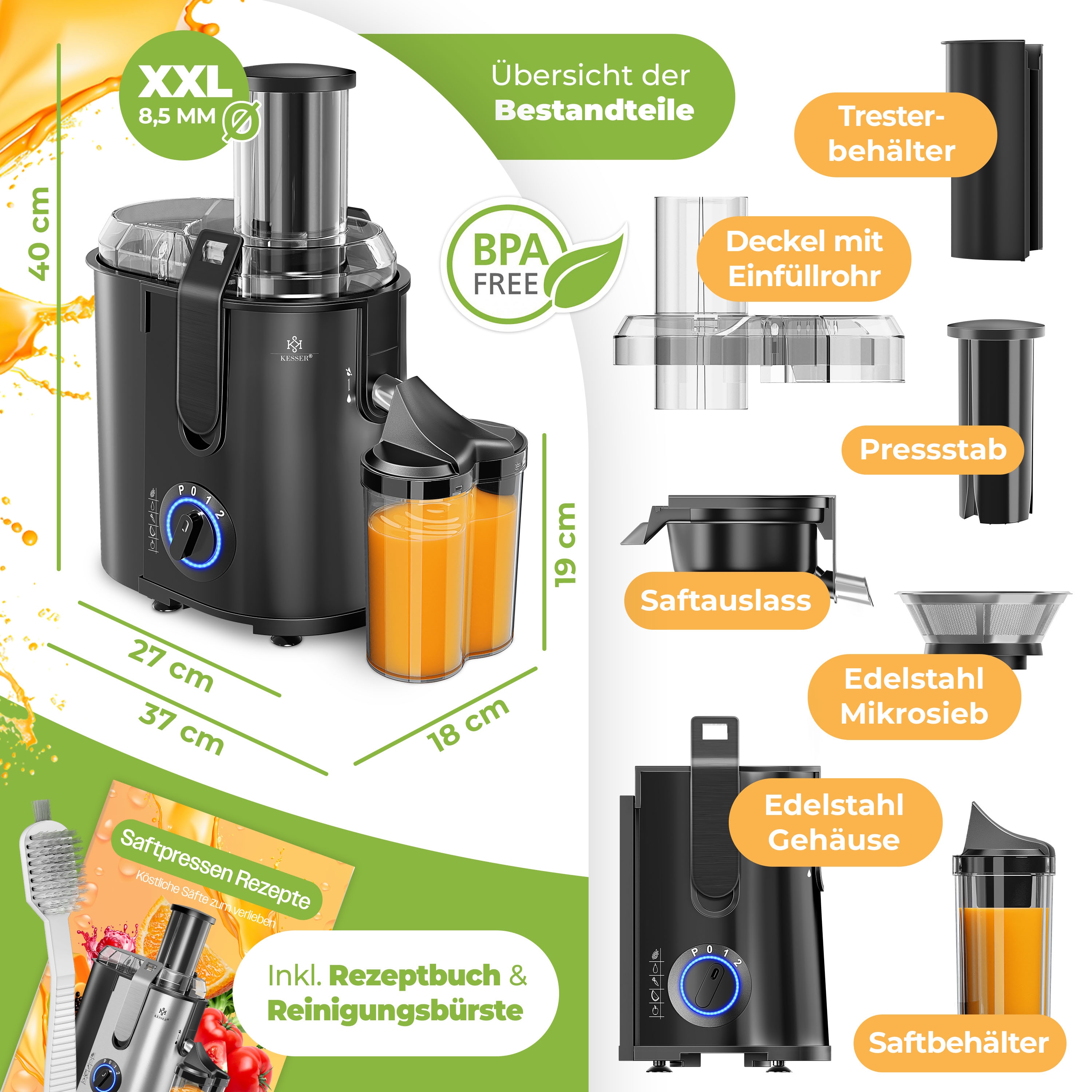 KESSER® Entsafter für Obst und Gemüse aus Edelstahl 1100W große 85 mm Einfüllöffnung inkl. Reinigungsbürste und Saftbehälter 3 Geschwindigkeitsstufen, Saftpresse Juicer bei Marktkauf online bestellen