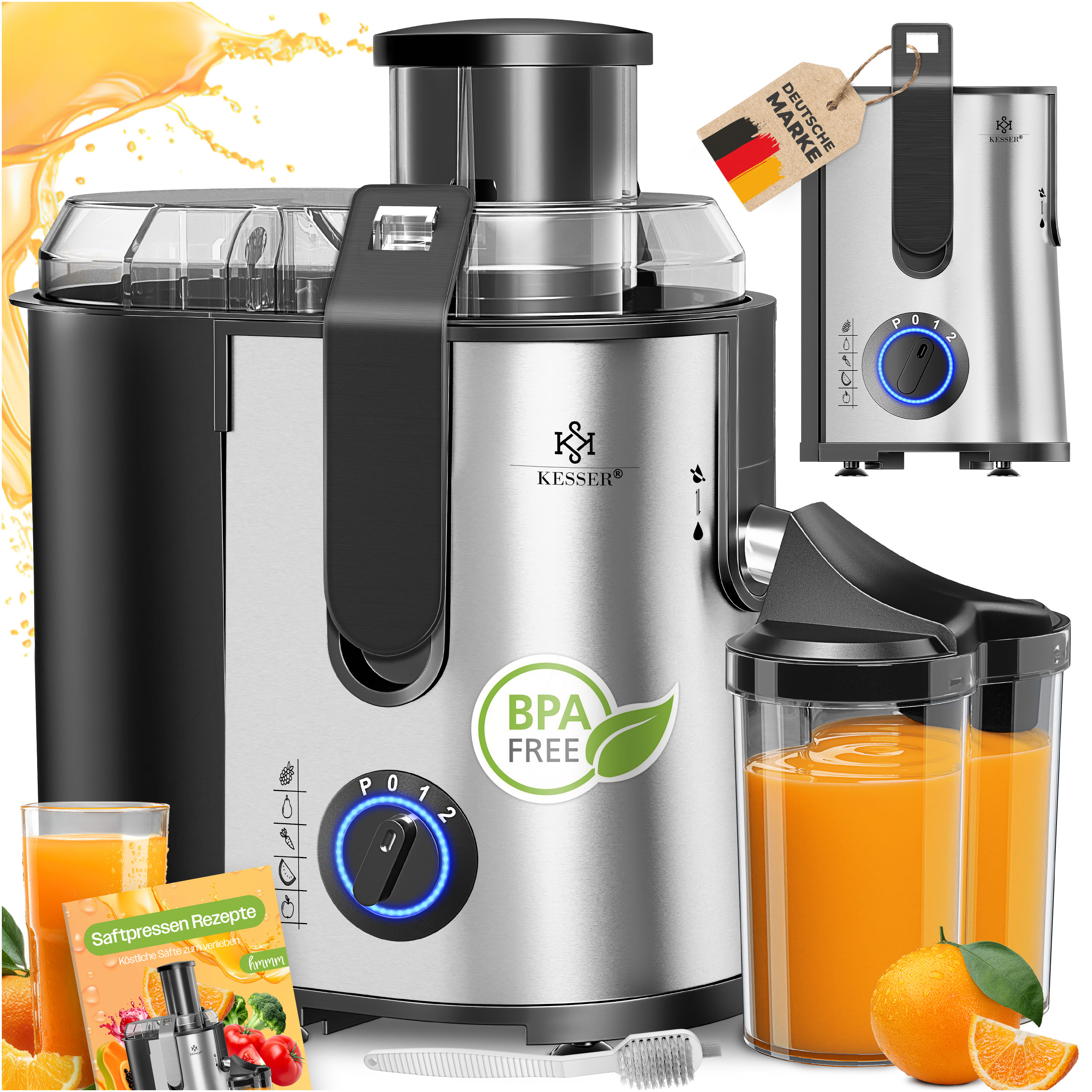KESSER&reg; Entsafter f&uuml;r Obst und Gem&uuml;se aus Edelstahl 1100W gro&szlig;e 85 mm Einf&uuml;ll&ouml;ffnung inkl. Reinigungsb&uuml;rste und Saftbeh&auml;lter 3 Geschwindigkeitsstufen, Saftpresse Juicer 