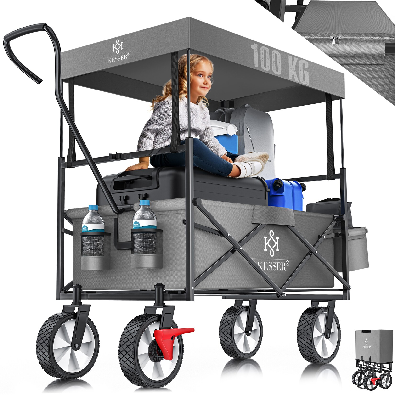 ® Bollerwagen faltbar mit Dach Handwagen Transportkarre Gerätewagen   inkl. 2 Netztaschen und Einer Außentasche   klappbar   Vollgummi-Reifen   bis  Tragkraft   Mit Vorderrad-Bremse