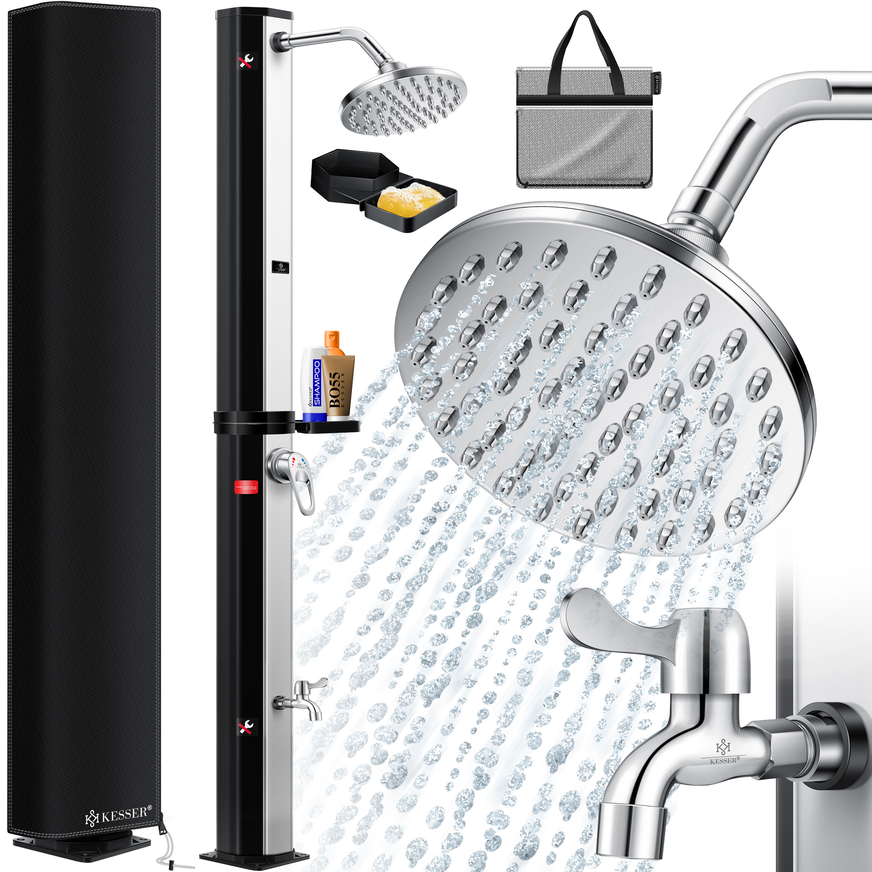 KESSER&reg; Solardusche 35 Liter Solar Gartendusche + Metall-Duschablage | warmes Wasser |  max. 60&deg;C | ohne Stromanschluss | Pooldusche Camping| Regenduschkopf und Wasserhahn | Gartenschlauch-Anschluss | 