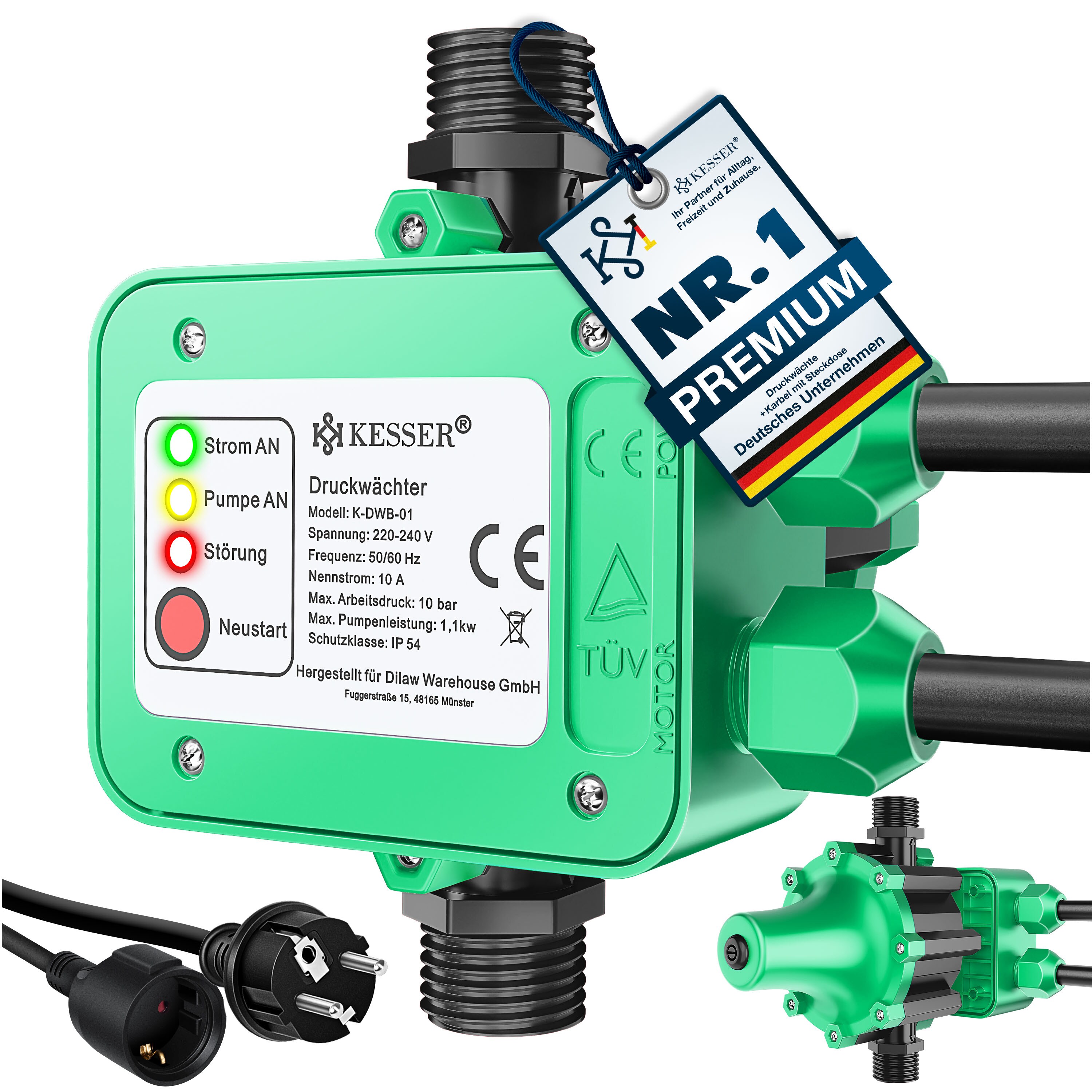 KESSER&reg; Druckschalter Druckw&auml;chter Pumpensteuerung Gartenbew&auml;sserung mit Kabel 