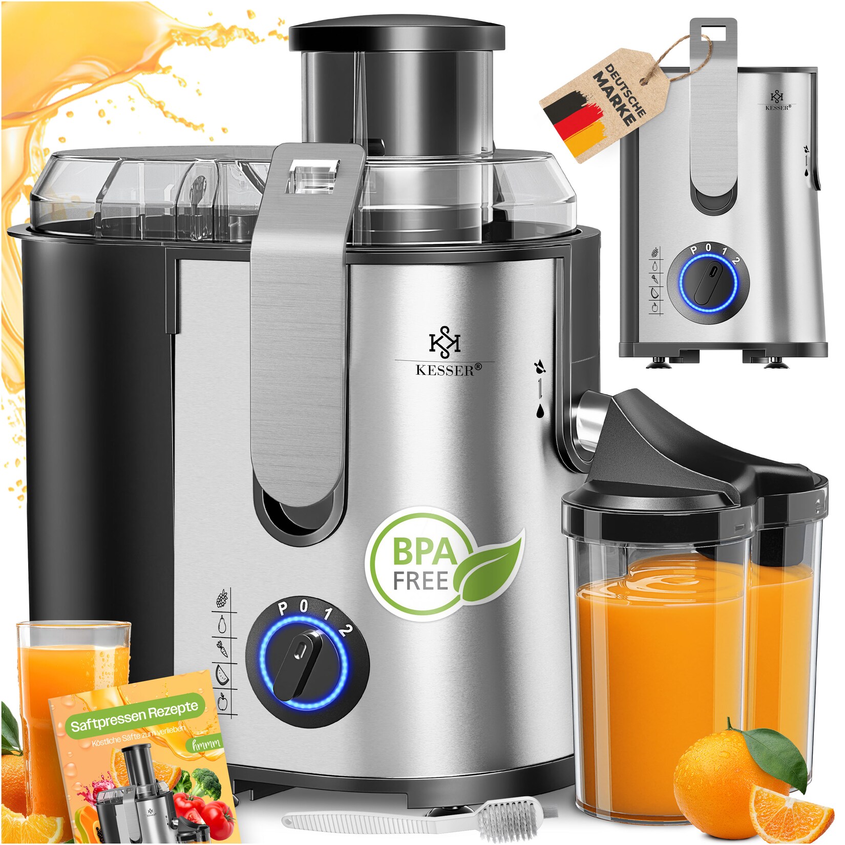 ® Entsafter für Obst und Gemüse aus Edelstahl 1100W große 85 mm Einfüllöffnung inkl. Reinigungsbürste und Saftbehälter 3 Geschwindigkeitsstufen, Saftpresse Juicer