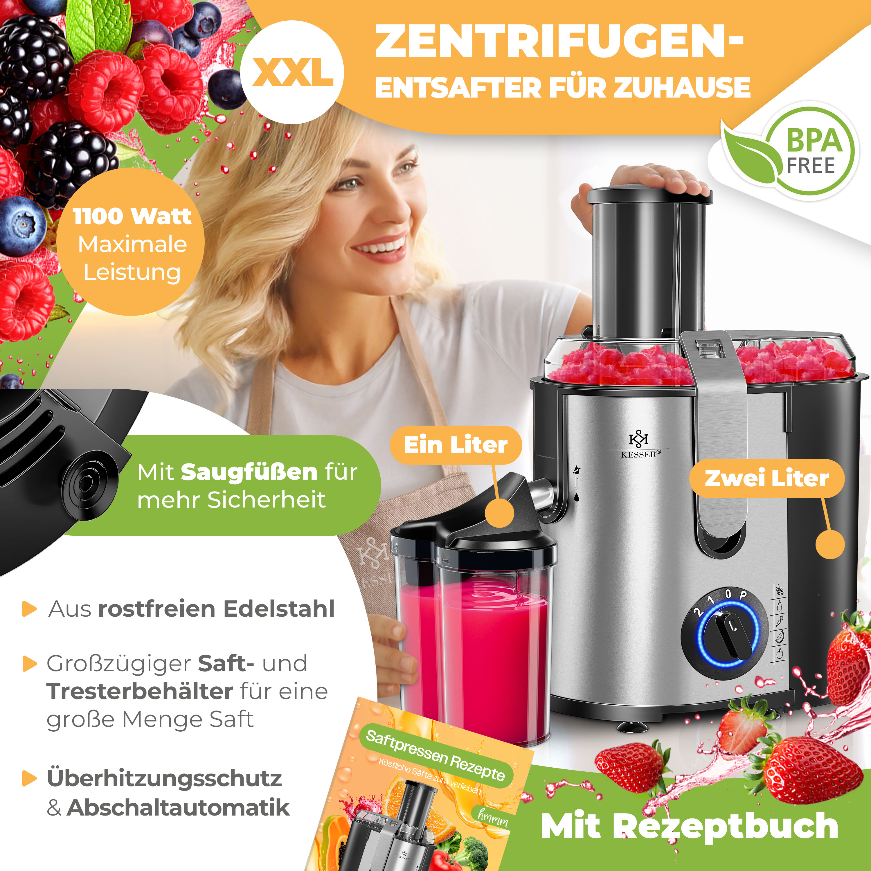 KESSER® Entsafter für Obst und Gemüse aus Edelstahl 1100W große 85 mm Einfüllöffnung inkl. Reinigungsbürste und Saftbehälter 3 Geschwindigkeitsstufen, Saftpresse Juicer bei Marktkauf online bestellen