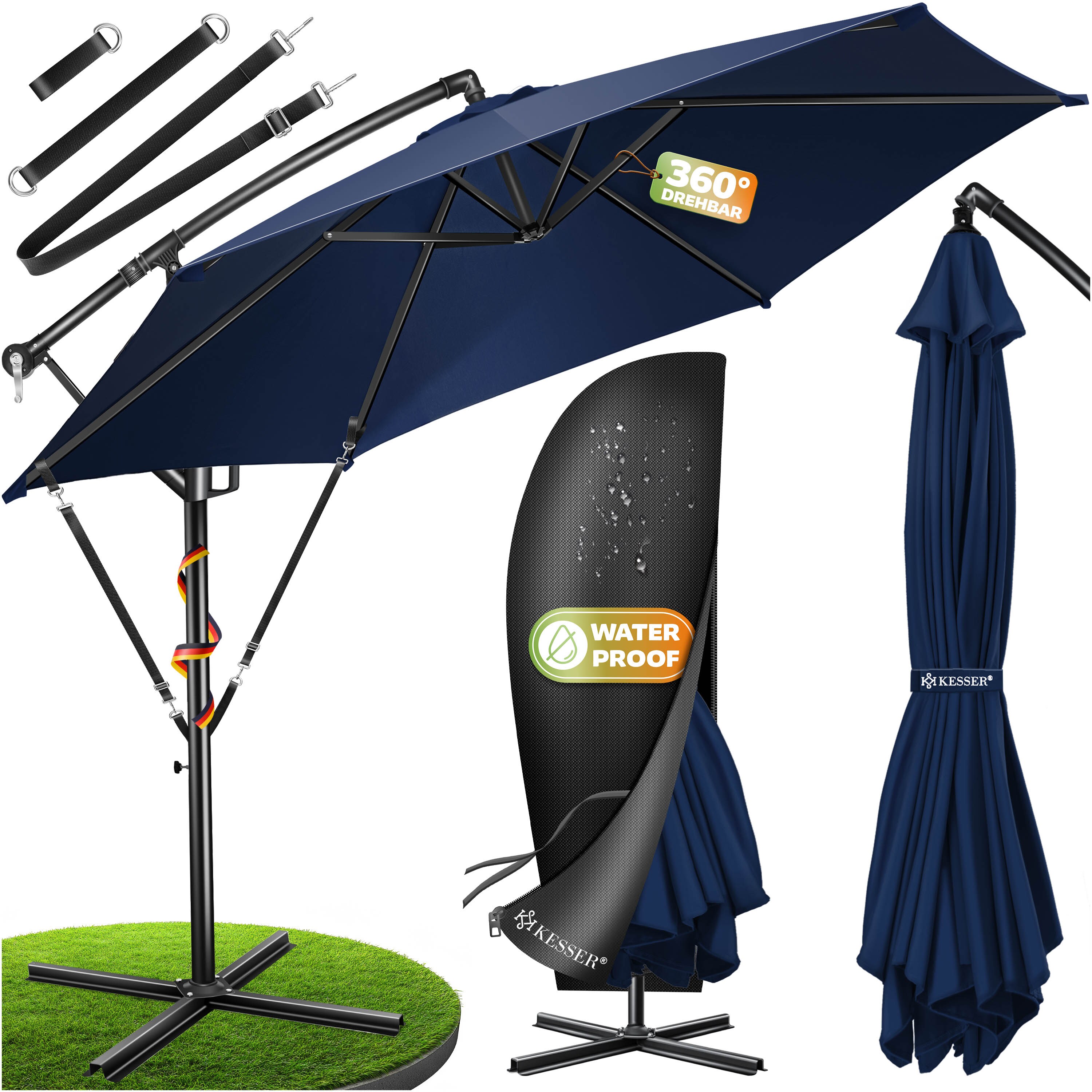 KESSER&reg; Alu Ampelschirm Sonnenschirm + Abdeckung &Oslash;300 cm / &Oslash;350 cm mit Kurbelvorrichtung Kurbelschirm mit St&auml;nder UV-Schutz Aluminium Wasserabweisende Bespannung - Schirm Gartenschirm Marktschirm 