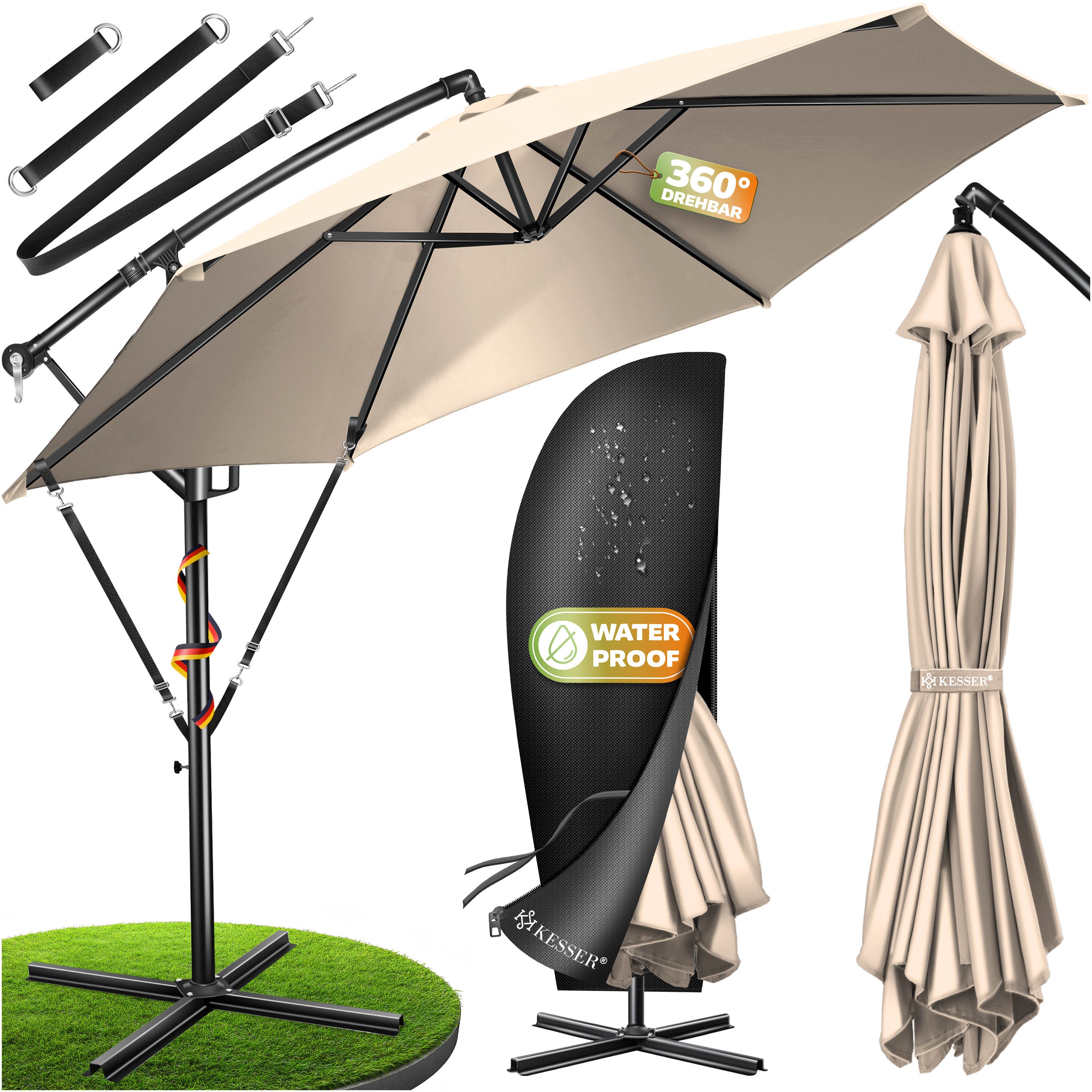 KESSER&reg; Alu Ampelschirm Sonnenschirm + Abdeckung &Oslash;300 cm / &Oslash;350 cm mit Kurbelvorrichtung Kurbelschirm mit St&auml;nder UV-Schutz Aluminium Wasserabweisende Bespannung - Schirm Gartenschirm Marktschirm 