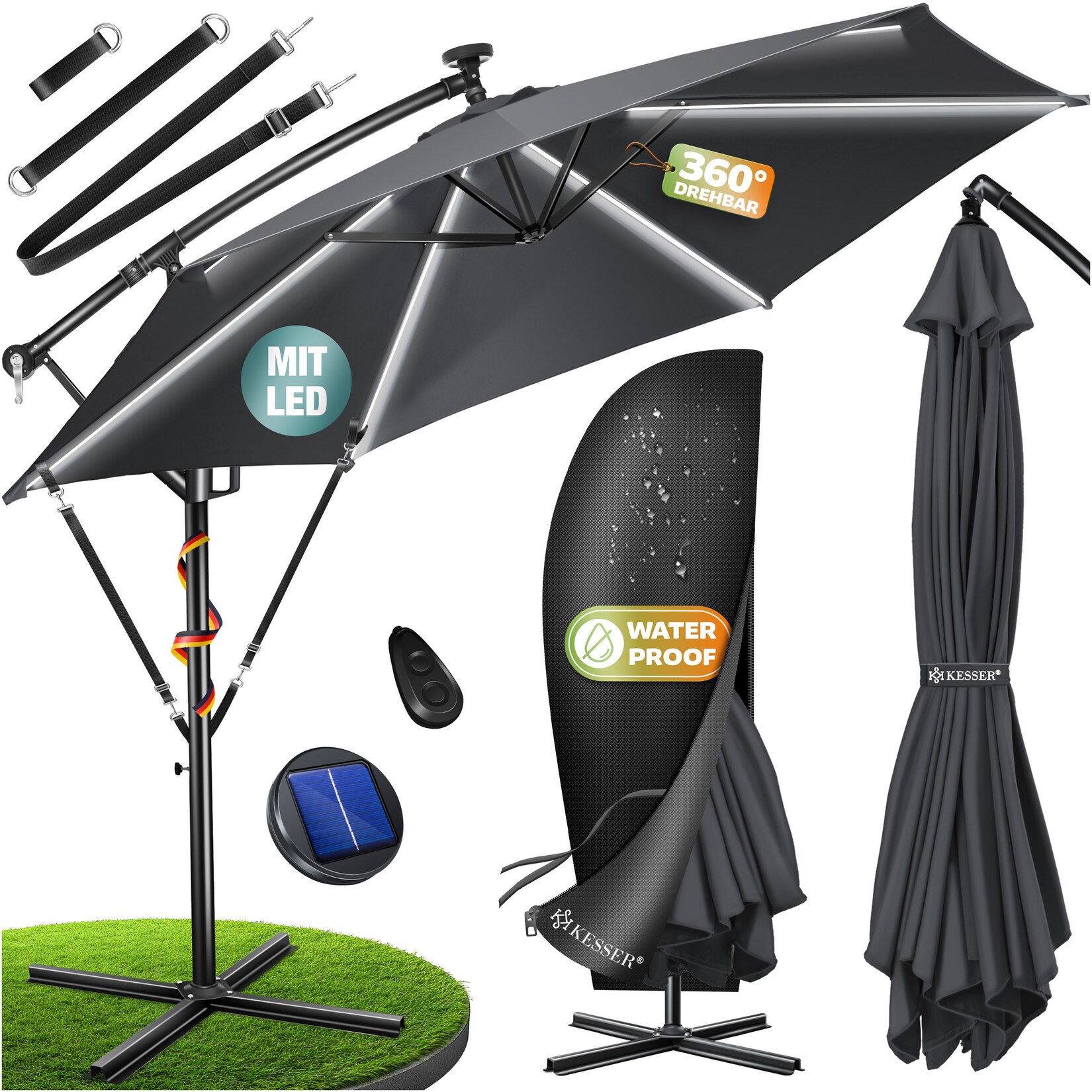 ® Alu Ampelschirm LED Solar + Abdeckung mit Kurbelvorrichtung UV-Schutz Aluminium mit An-/Ausschalter Wasserabweisend - Sonnenschirm Schirm Gartenschirm