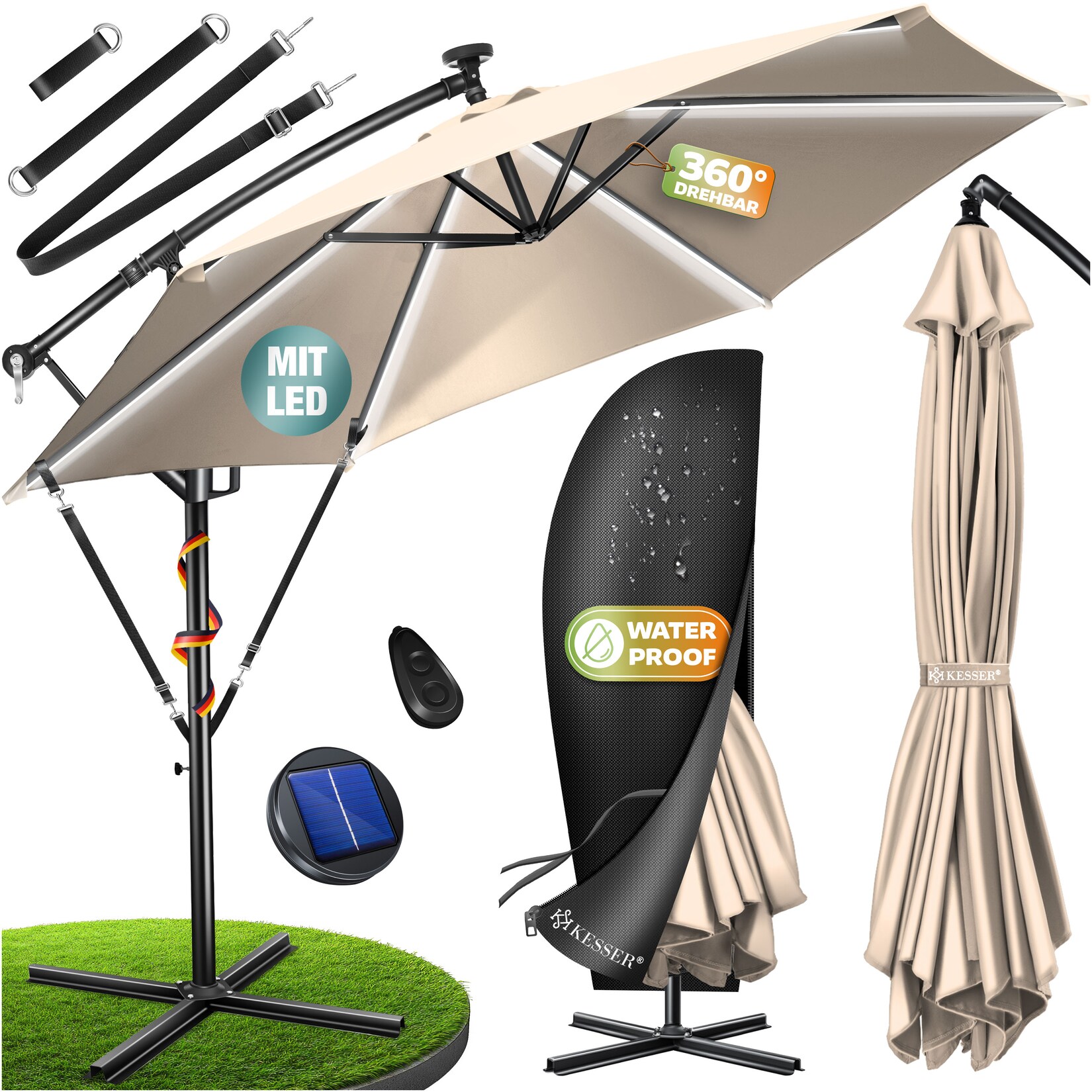 ® Alu Ampelschirm LED Solar + Abdeckung mit Kurbelvorrichtung UV-Schutz Aluminium mit An-/Ausschalter Wasserabweisend - Sonnenschirm Schirm Gartenschirm