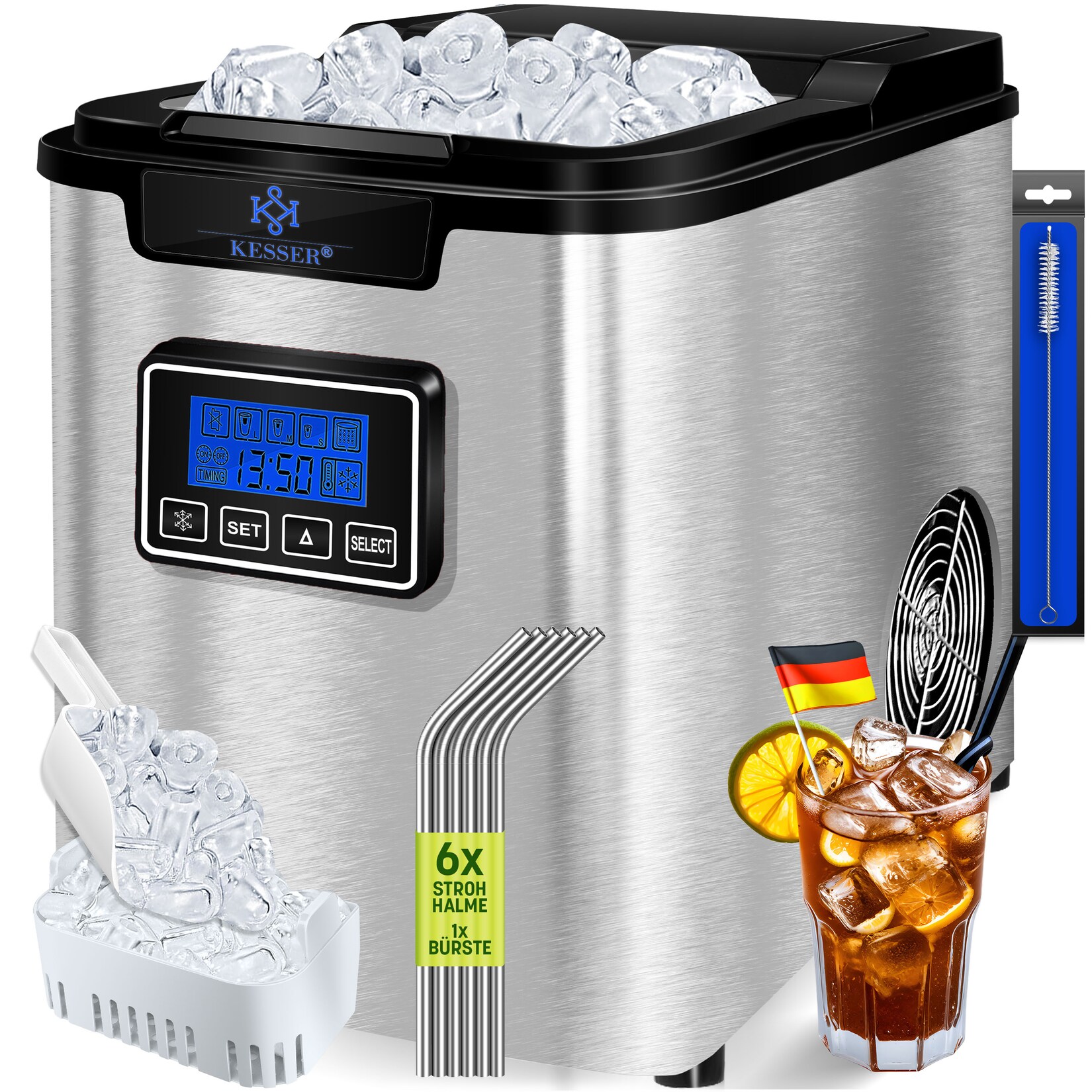 ® Eiswürfelbereiter   Eiswürfelmaschine Edelstahl   150W  Ice Maker    24 h   3 Würfelgrößen   Zubereitung in 6 min   2,2 Liter Wassertank   Timer   LCD-Display   Selbstreinigungsfunktion