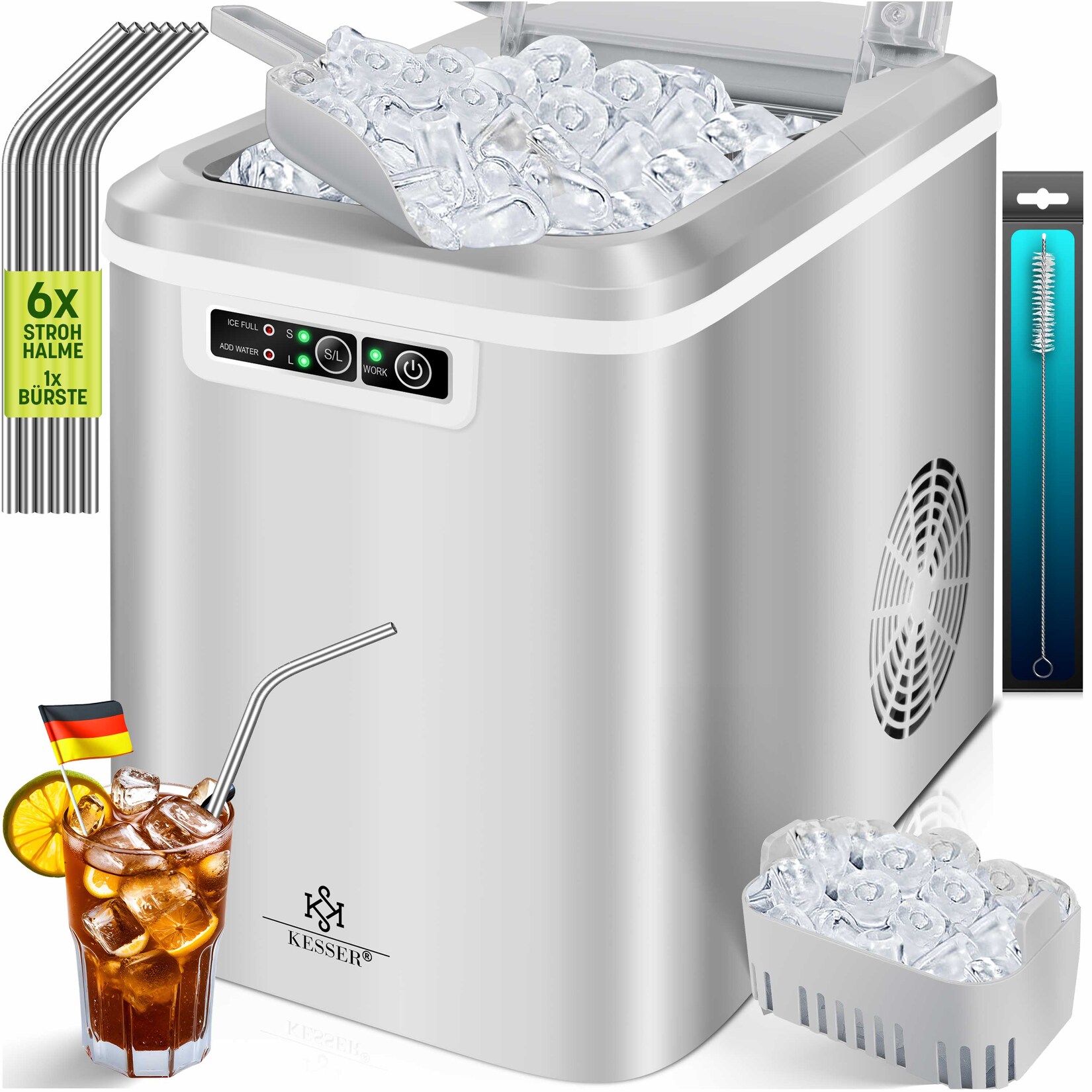 ® Eiswürfelbereiter   Eiswürfelmaschine Edelstahl   Ice Maker   12 in 24h   Zubereitung in 7 min   2,2 Liter Wassertank   2 Eiswürfel-Größen   LED-Display   Selbstreinigungsfunktion mit Zubehör