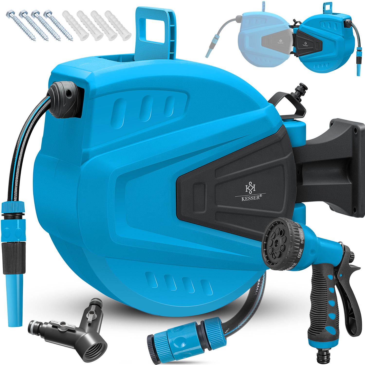 KESSER&reg; Schlauchtrommel Wasser Schlauchaufroller Inkl. 2-Wege-Verteiler + Multi-Handbrause Wasserschlauchtrommel Automatik | 180&deg; Schwenkbar | Wandhalterung | Gartenschlauch | Orange 