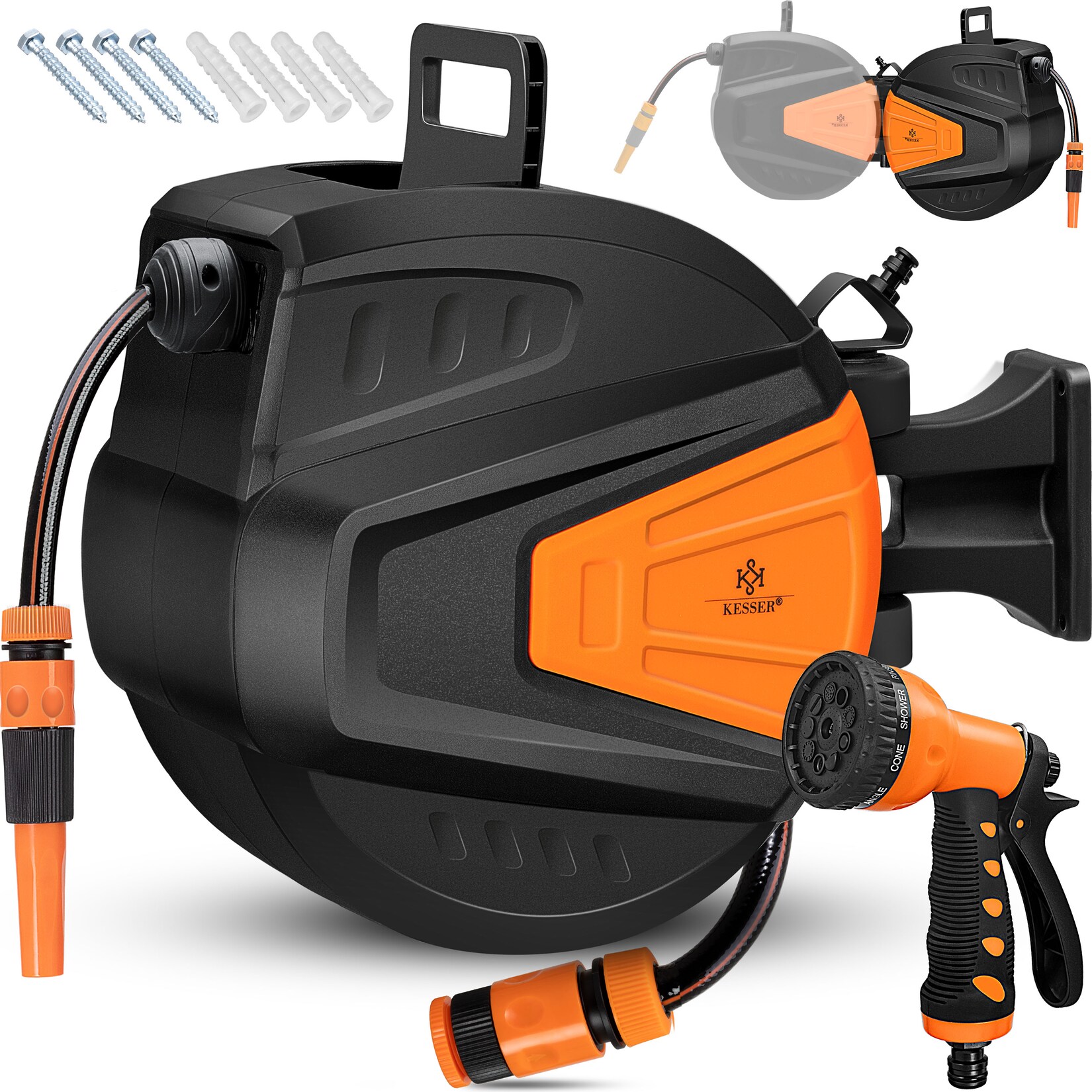 ® Schlauchtrommel Wasser Schlauchaufroller Inkl. 2-Wege-Verteiler + Multi-Handbrause Wasserschlauchtrommel Automatik   180° Schwenkbar   Wandhalterung   Gartenschlauch   Orange