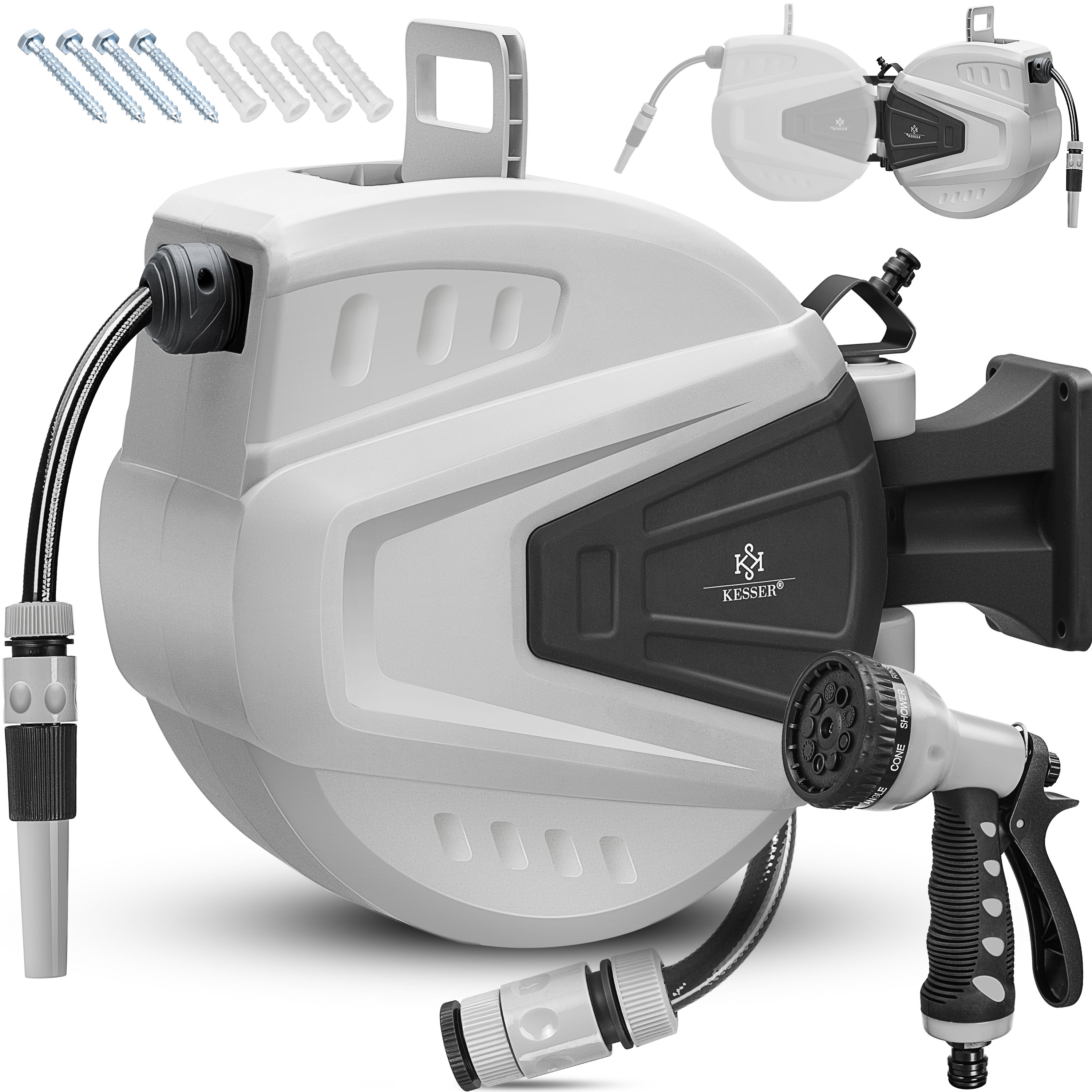 KESSER&reg; Schlauchtrommel Wasser Schlauchaufroller Inkl. 2-Wege-Verteiler + Multi-Handbrause Wasserschlauchtrommel Automatik | 180&deg; Schwenkbar | Wandhalterung | Gartenschlauch | Orange 