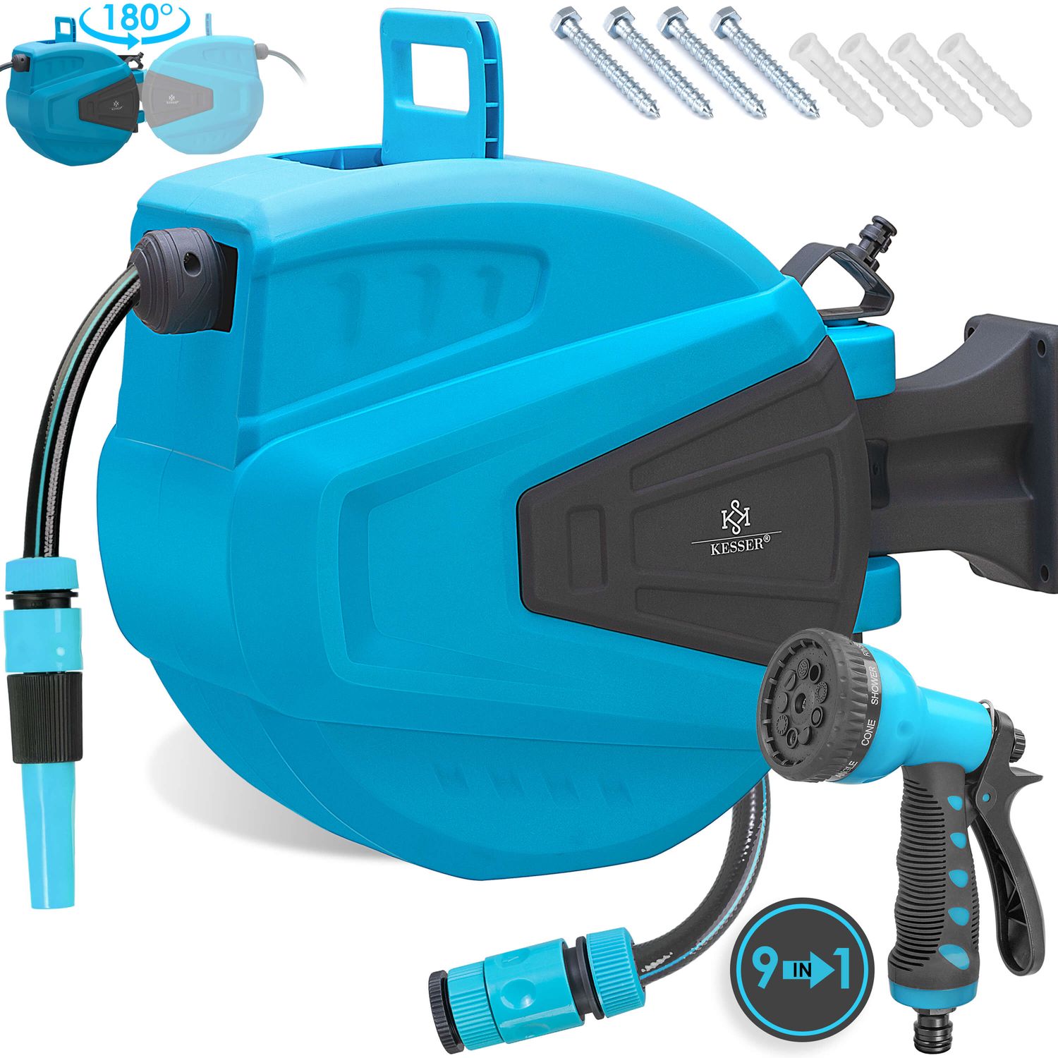 KESSER&reg; Schlauchtrommel Wasser Schlauchaufroller Inkl. 2-Wege-Verteiler + Multi-Handbrause Wasserschlauchtrommel Automatik | 180&deg; Schwenkbar | Wandhalterung | Gartenschlauch | Orange 