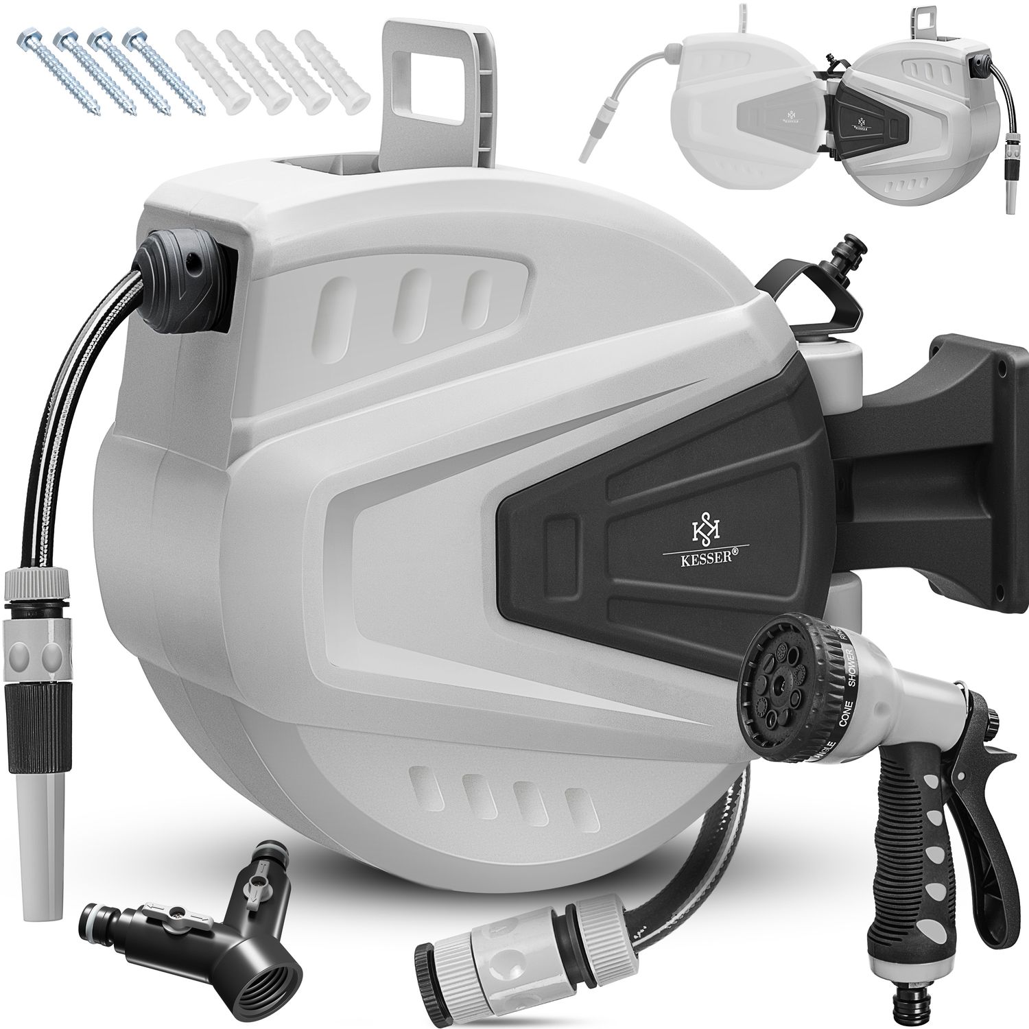 KESSER&reg; Schlauchtrommel Wasser Schlauchaufroller Inkl. 2-Wege-Verteiler + Multi-Handbrause Wasserschlauchtrommel Automatik | 180&deg; Schwenkbar | Wandhalterung | Gartenschlauch | Orange 