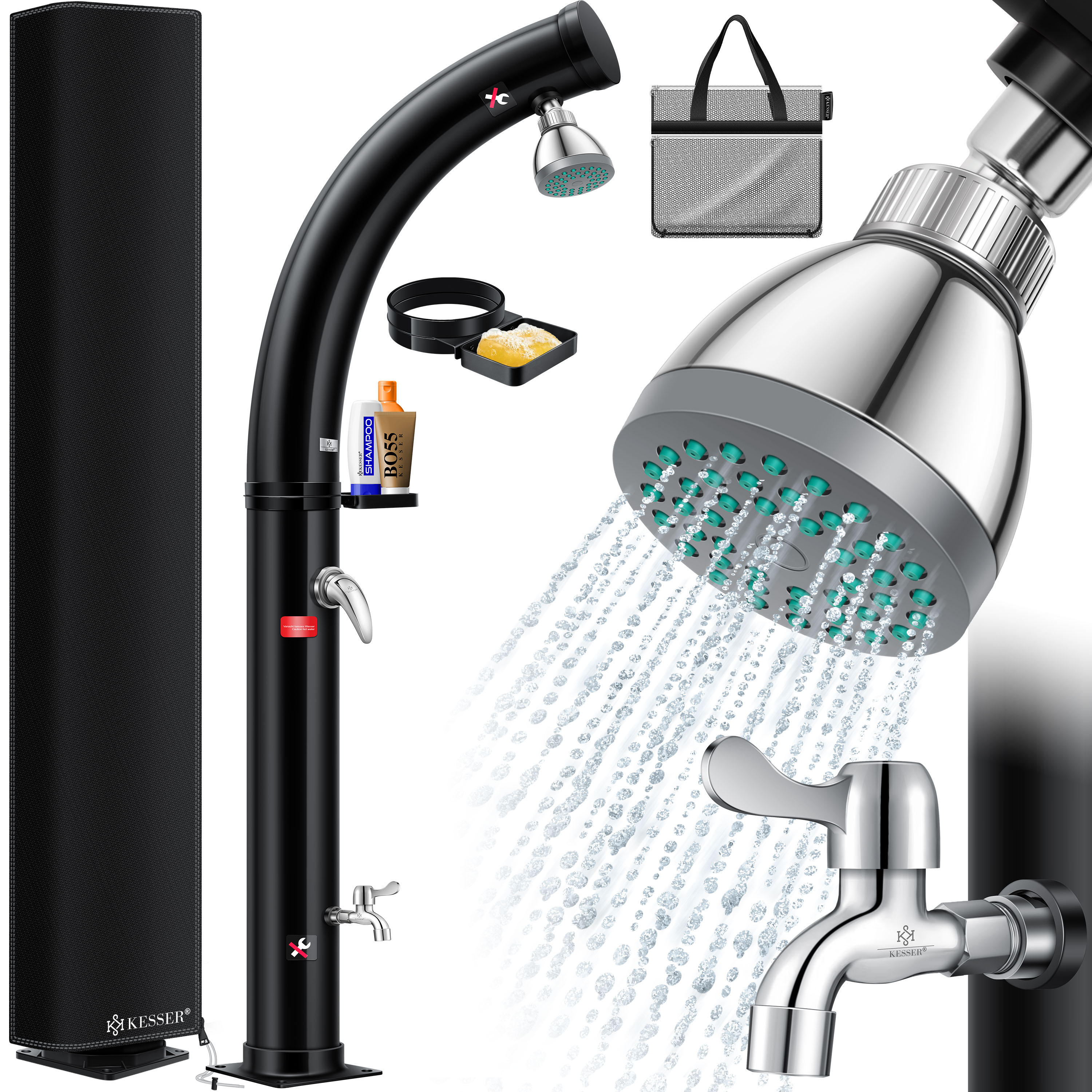 KESSER&reg; Solar Gartendusche Solardusche Bogen mit Metall-Duschablage Schutzhaube & Tasche | warmes Wasser max. 60&deg;C Pooldusche Camping | Regenduschkopf & Wasserhahn | Gartenschlauch-Anschluss 