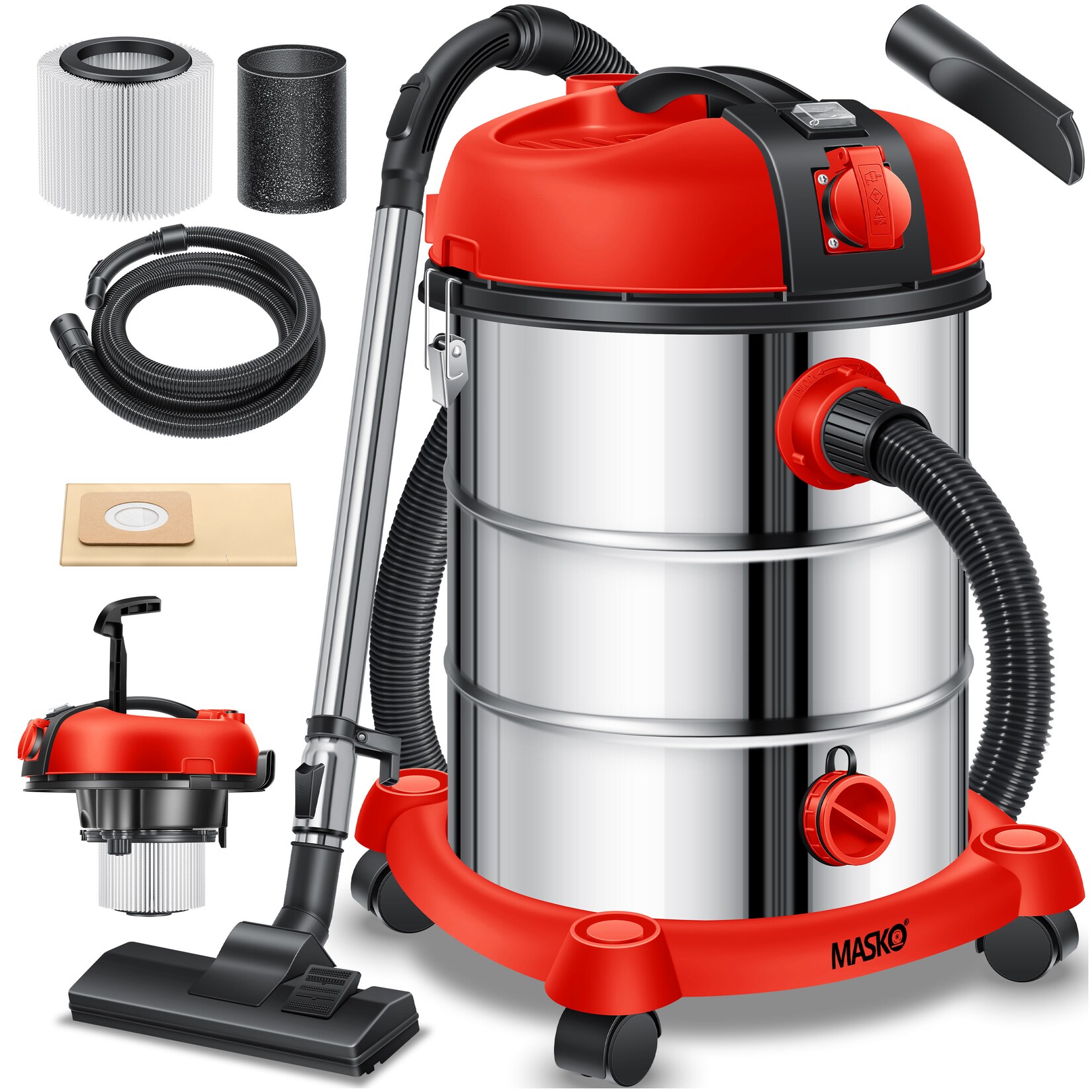 ® Industriestaubsauger Staubsauger Nass Trocken Sauger Edelstahl 2300W + Steckdose   Blasfunktion   Trocken-Saugen & Nass-Saugen   Push&Clean   Industrie-Sauger mit & ohne Beutel   beutellos