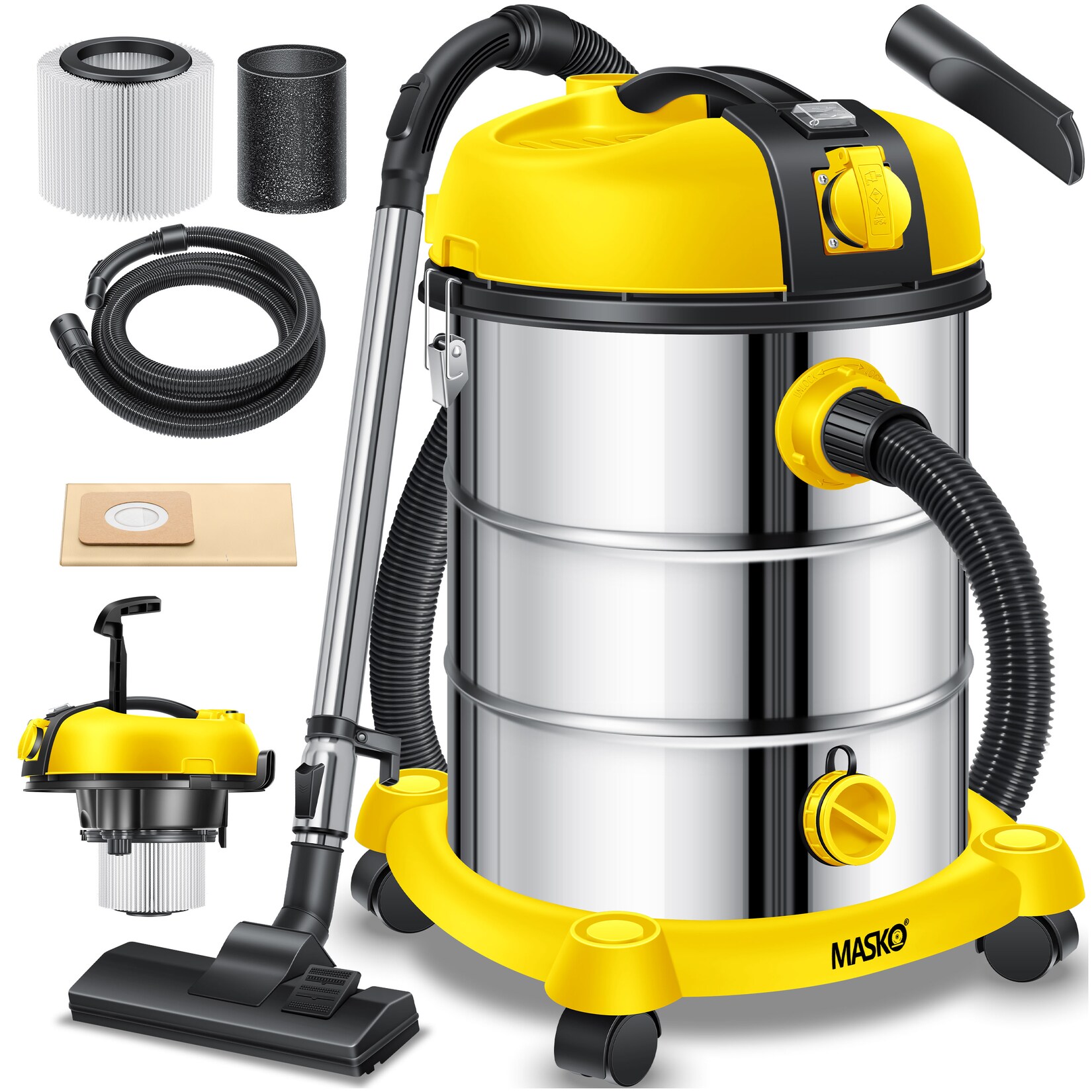 ® Industriestaubsauger Staubsauger Nass Trocken Sauger Edelstahl 2300W + Steckdose   Blasfunktion   Trocken-Saugen & Nass-Saugen   Push&Clean   Industrie-Sauger mit & ohne Beutel   beutellos