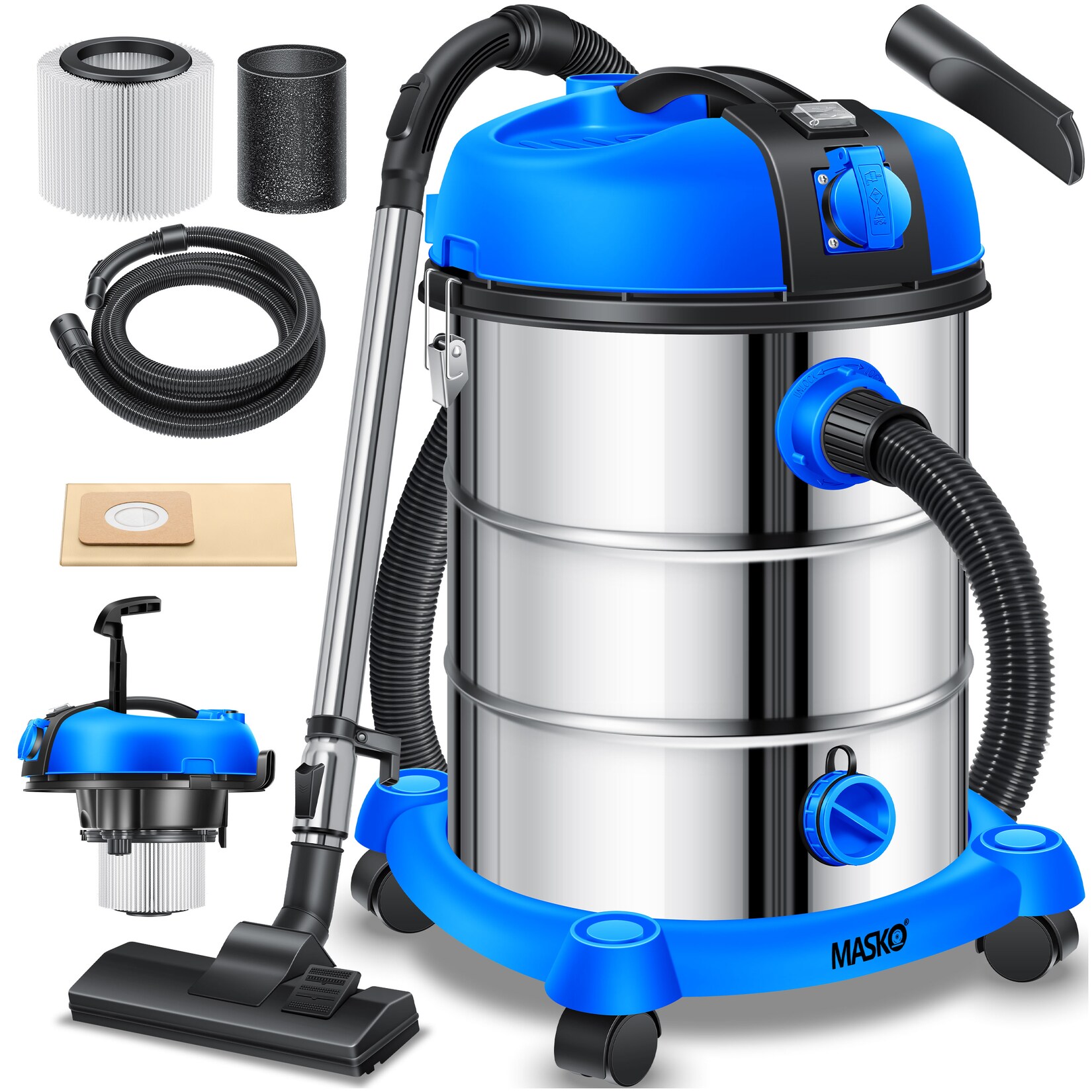 ® Industriestaubsauger Staubsauger Nass Trocken Sauger Edelstahl 2300W + Steckdose   Blasfunktion   Trocken-Saugen & Nass-Saugen   Push&Clean   Industrie-Sauger mit & ohne Beutel   beutellos