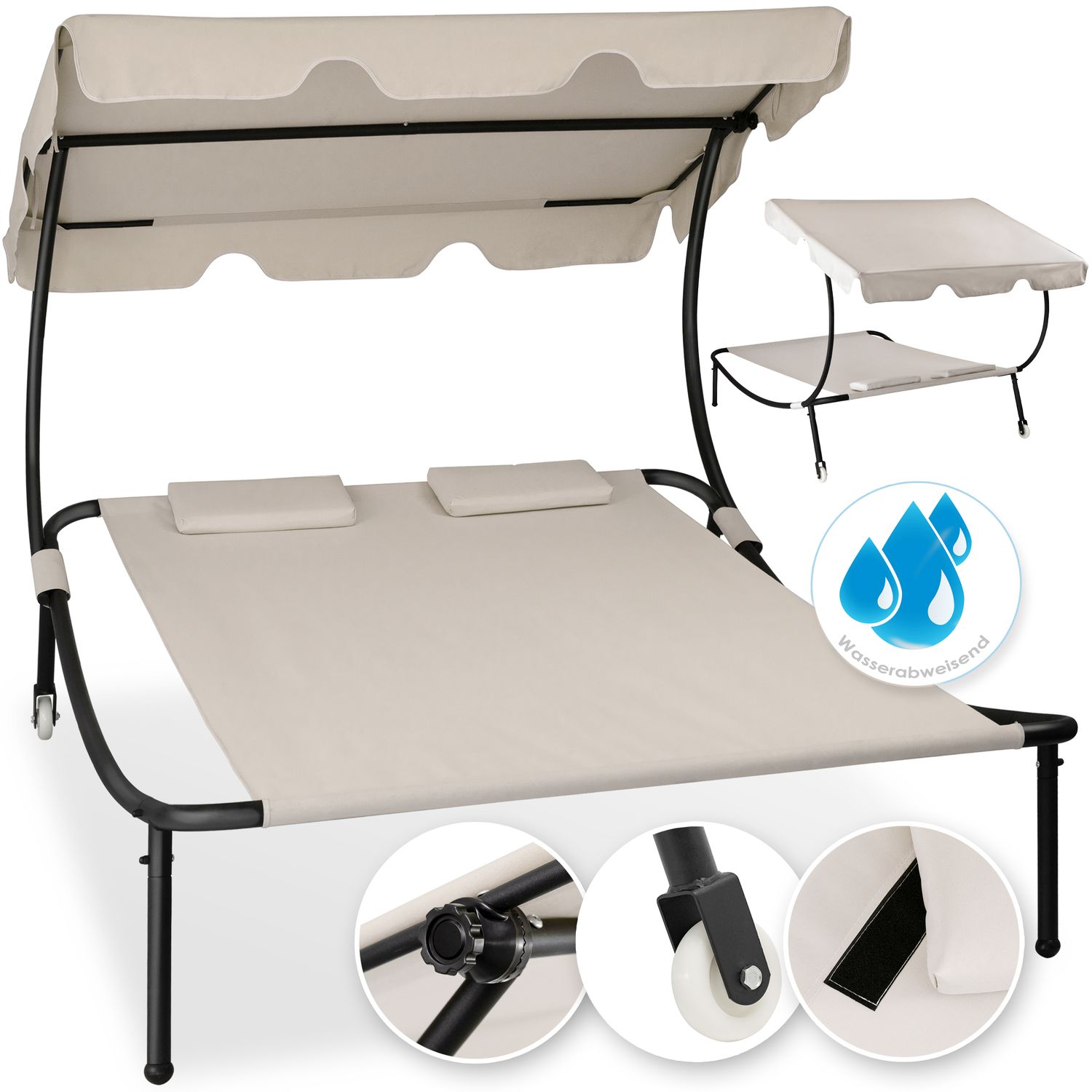KESSER&reg; Doppel-Sonnenliege Doppelliege  | mit Sonnendach und Kopfkissen | f&uuml;r Zwei Personen | mit R&auml;der | Relaxliege | Gartenliege | wetterfest | 200 kg Belastung | 225x 175x 155 cm | 