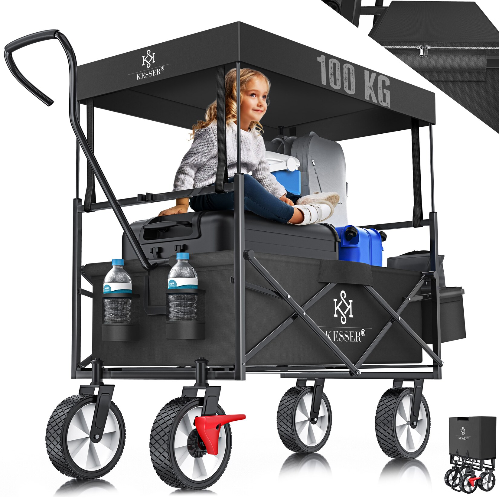 ® Bollerwagen faltbar mit Dach Handwagen Transportkarre Gerätewagen   inkl. 2 Netztaschen und Einer Außentasche   klappbar   Vollgummi-Reifen   bis  Tragkraft   Mit Vorderrad-Bremse