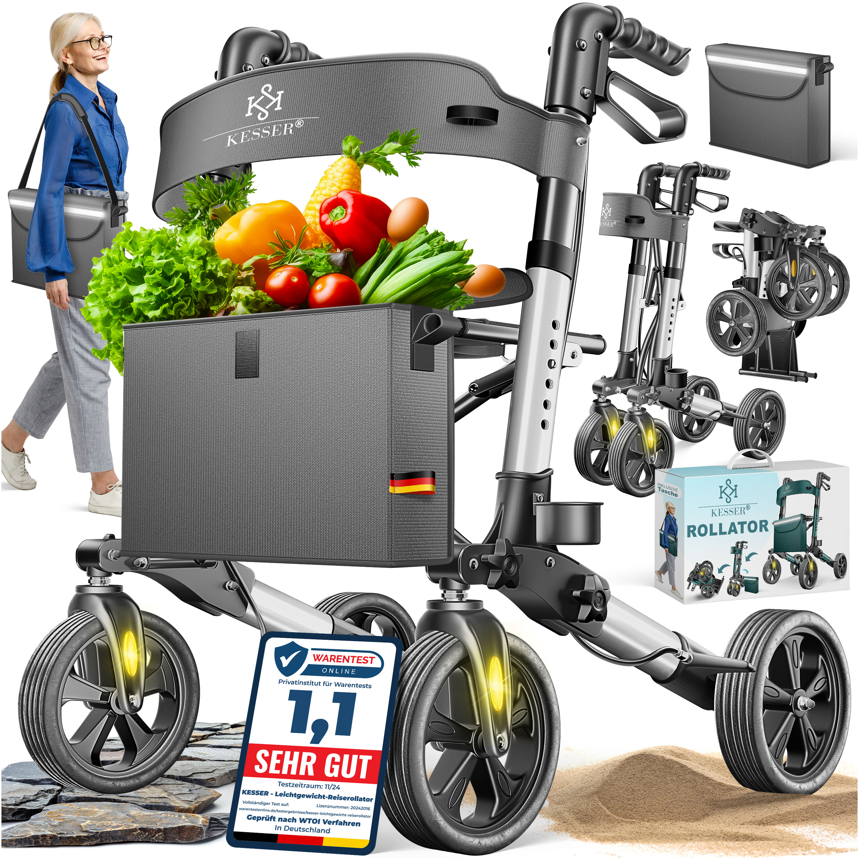 KESSER&reg; Leichtgewicht Rollator faltbar mit Sitz, Griff, Tasche, schmal f&uuml;r Senioren Wohnung, Klappbar, H&ouml;henverstellbar, Reflektoren | All Gel&auml;nde Reifen Indoor-& Outdoor, Gehhilfe, Laufhilfe 
