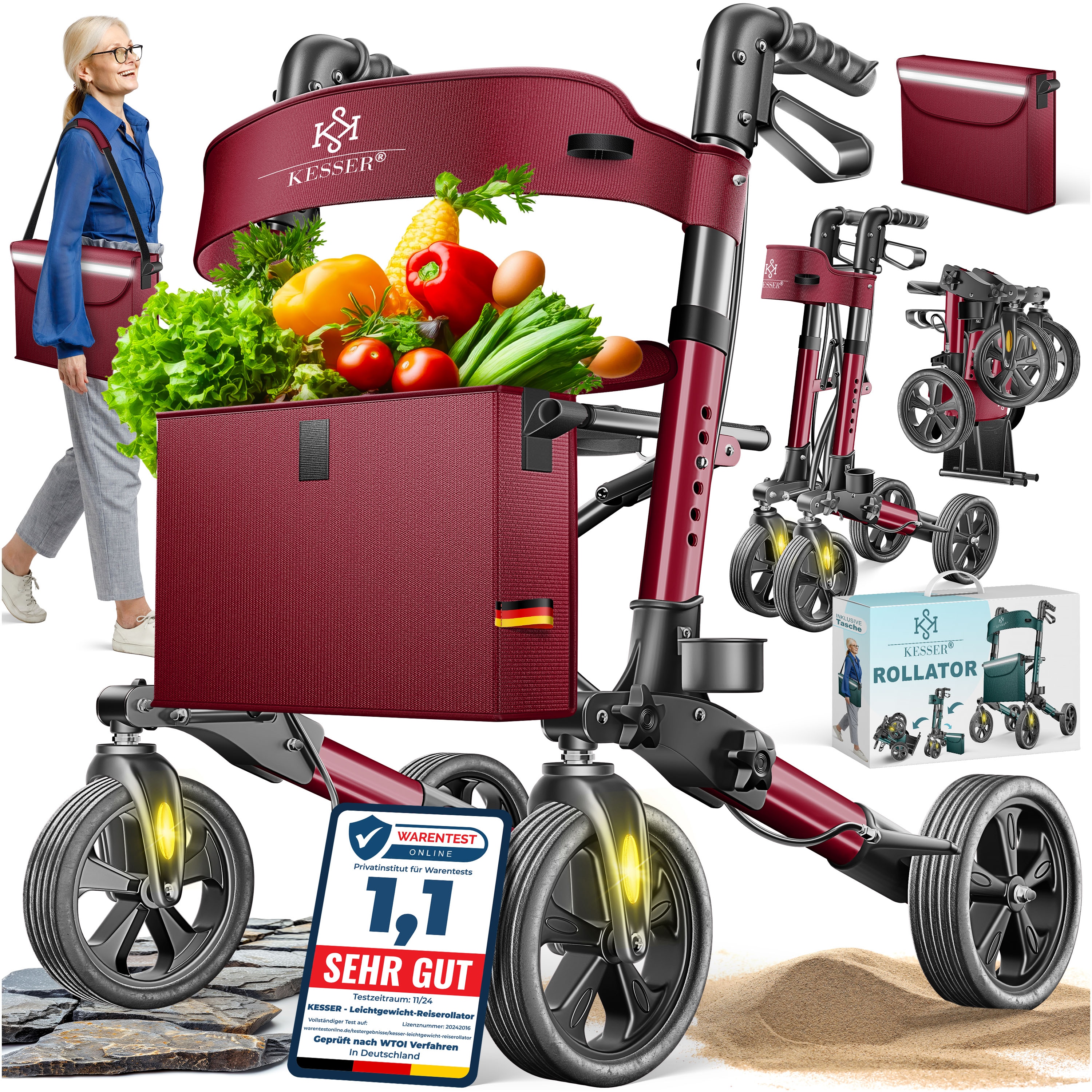 KESSER&reg; Leichtgewicht Rollator faltbar mit Sitz, Griff, Tasche, schmal f&uuml;r Senioren Wohnung, Klappbar, H&ouml;henverstellbar, Reflektoren | All Gel&auml;nde Reifen Indoor-& Outdoor, Gehhilfe, Laufhilfe 