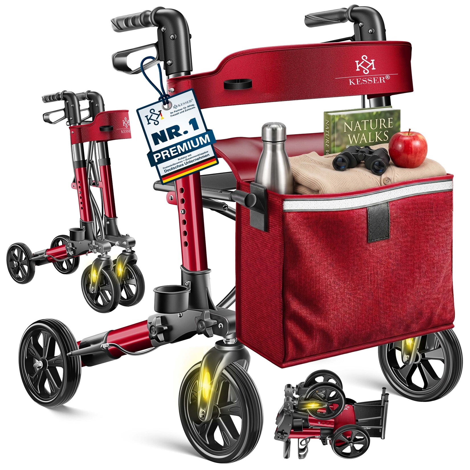 ® Leichtgewicht Rollator faltbar mit Sitz, Griff, Tasche, schmal für Senioren Wohnung, Klappbar, Höhenverstellbar, Reflektoren   All Gelände Reifen Indoor-& Outdoor, Gehhilfe, Laufhilfe
