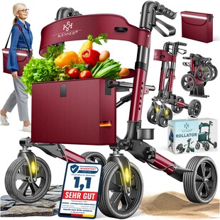 KESSER® Leichtgewicht Rollator faltbar mit Sitz, Griff, Tasche, schmal für Senioren Wohnung, Klappbar, Höhenverstellbar, Reflektoren | All Gelände Reifen Indoor-& Outdoor, Gehhilfe, Laufhilfe 