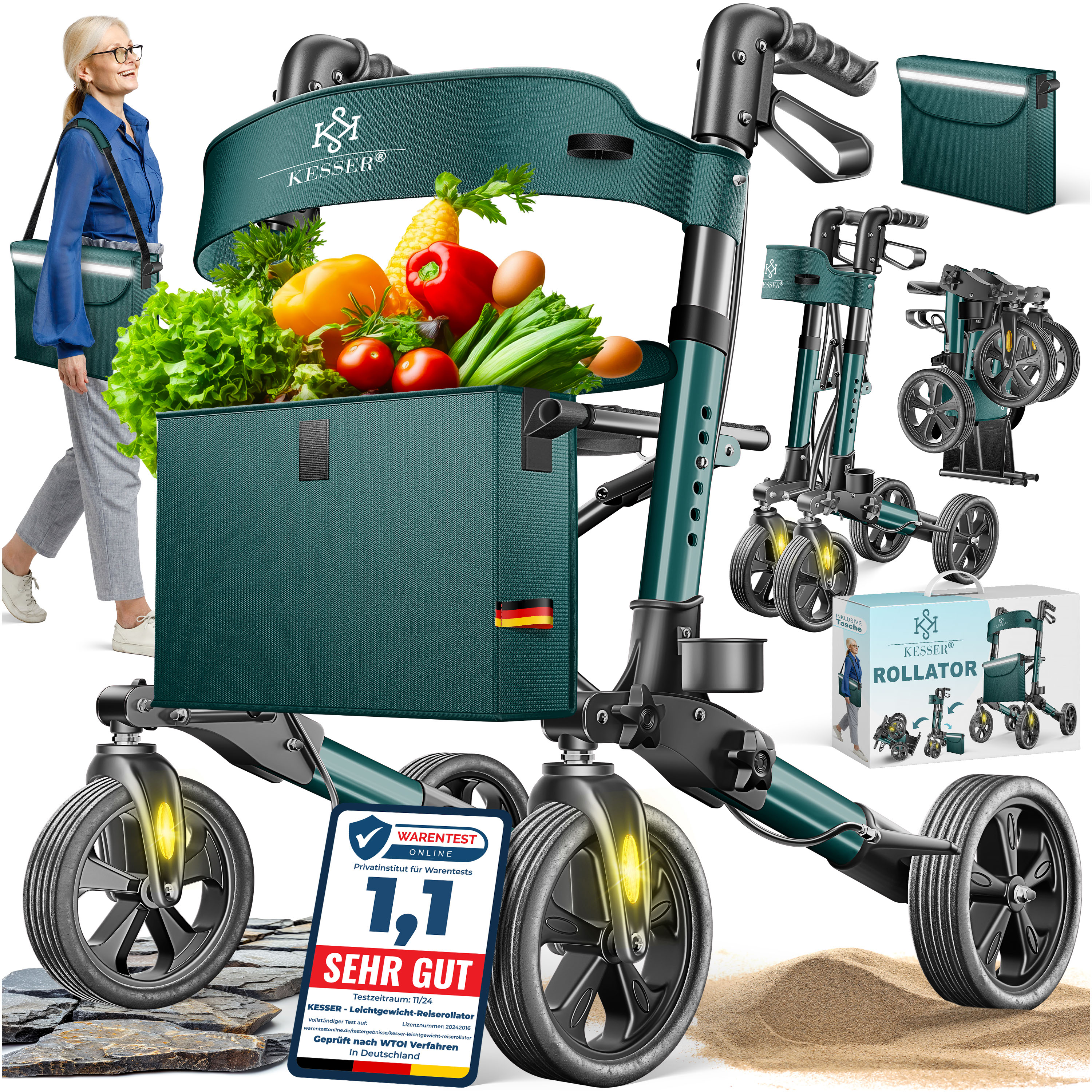 KESSER&reg; Leichtgewicht Rollator faltbar mit Sitz, Griff, Tasche, schmal f&uuml;r Senioren Wohnung, Klappbar, H&ouml;henverstellbar, Reflektoren | All Gel&auml;nde Reifen Indoor-& Outdoor, Gehhilfe, Laufhilfe 