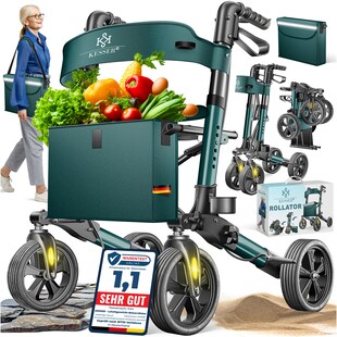 KESSER® Leichtgewicht Rollator faltbar mit Sitz, Griff, Tasche, schmal für Senioren Wohnung, Klappbar, Höhenverstellbar, Reflektoren | All Gelände Reifen Indoor-& Outdoor, Gehhilfe, Laufhilfe 