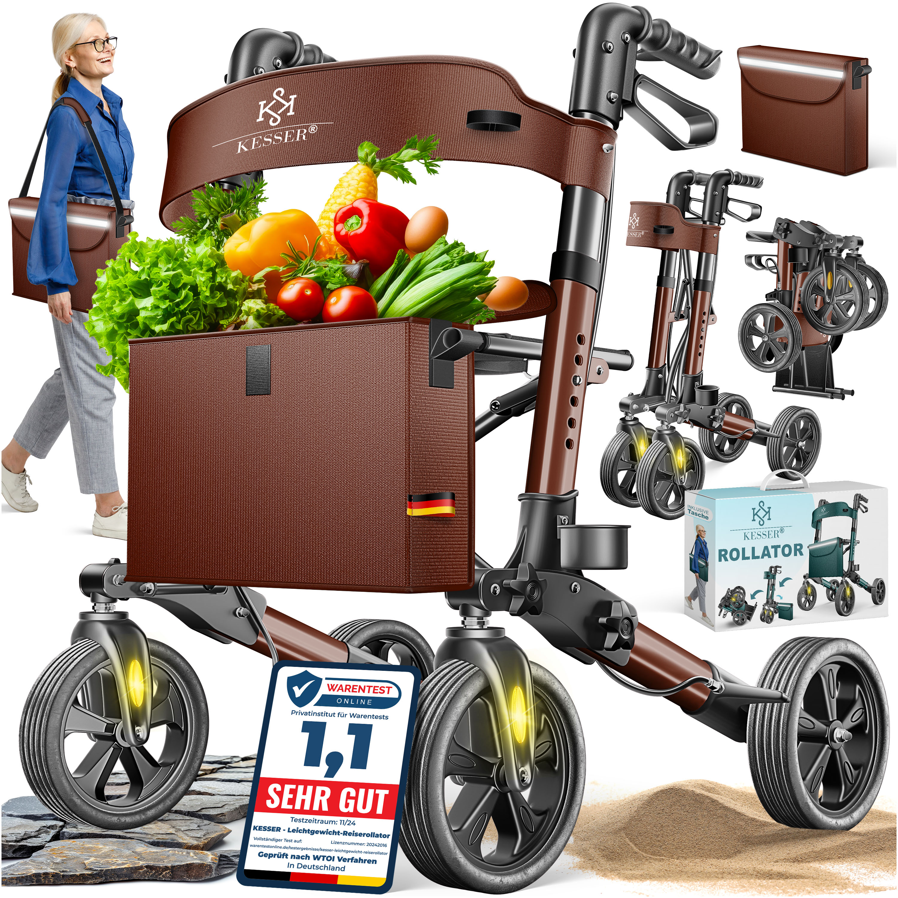 KESSER&reg; Leichtgewicht Rollator faltbar mit Sitz, Griff, Tasche, schmal f&uuml;r Senioren Wohnung, Klappbar, H&ouml;henverstellbar, Reflektoren | All Gel&auml;nde Reifen Indoor-& Outdoor, Gehhilfe, Laufhilfe 