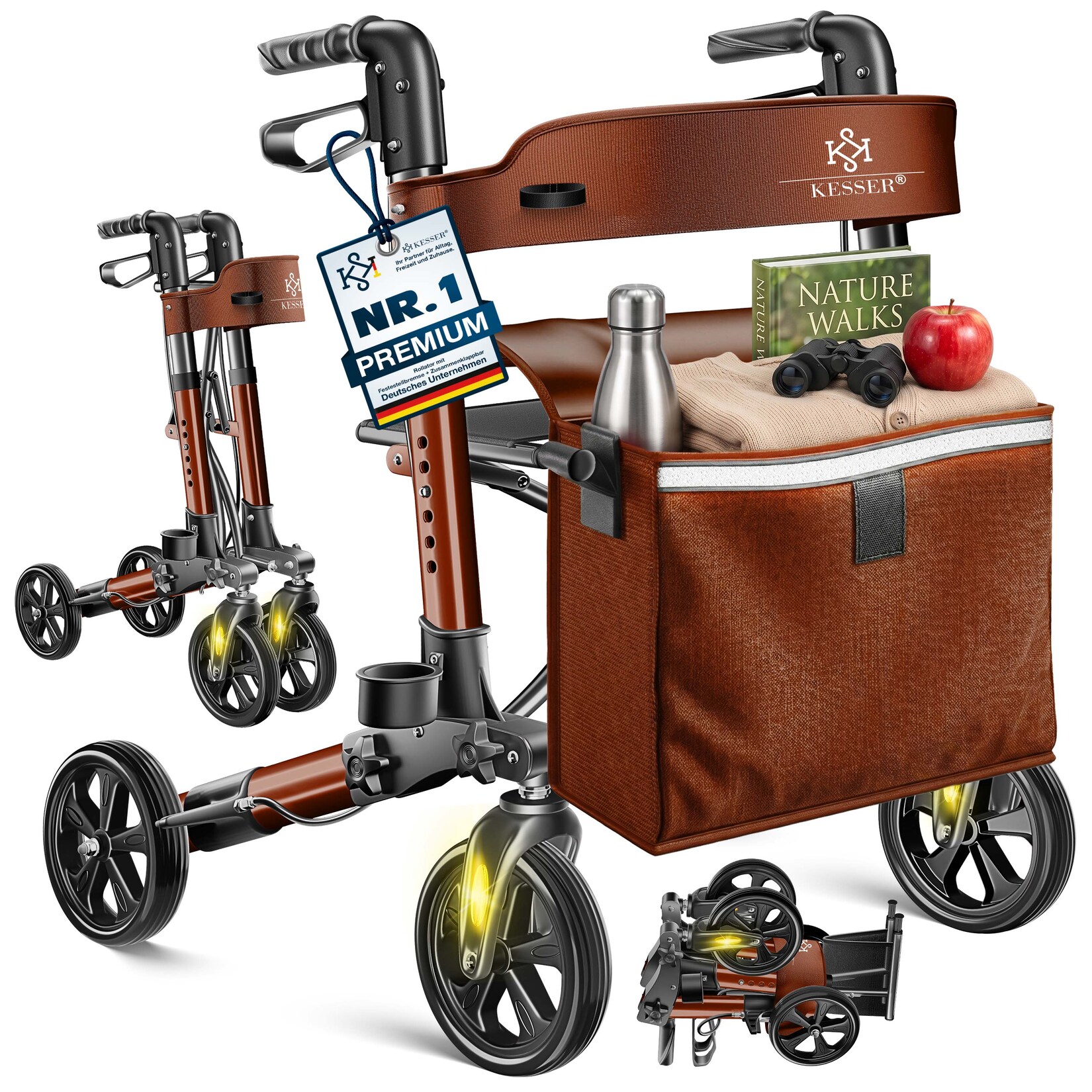 ® Leichtgewicht Rollator faltbar mit Sitz, Griff, Tasche, schmal für Senioren Wohnung, Klappbar, Höhenverstellbar, Reflektoren   All Gelände Reifen Indoor-& Outdoor, Gehhilfe, Laufhilfe