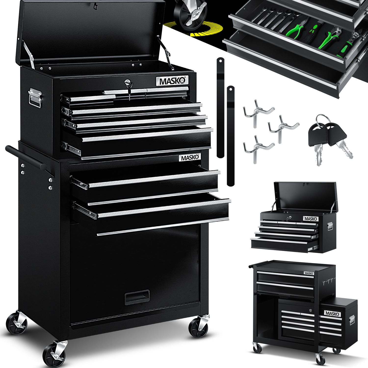 MASKO&reg; Werkstattwagen inkl. Koffer - 9 F&auml;cher Abschlie&szlig;bar Massives Metall, Werkzeug-Wagen ohne Werkzeug, Rollwagen zur Werkzeugaufbewahrung mit Schloss 
