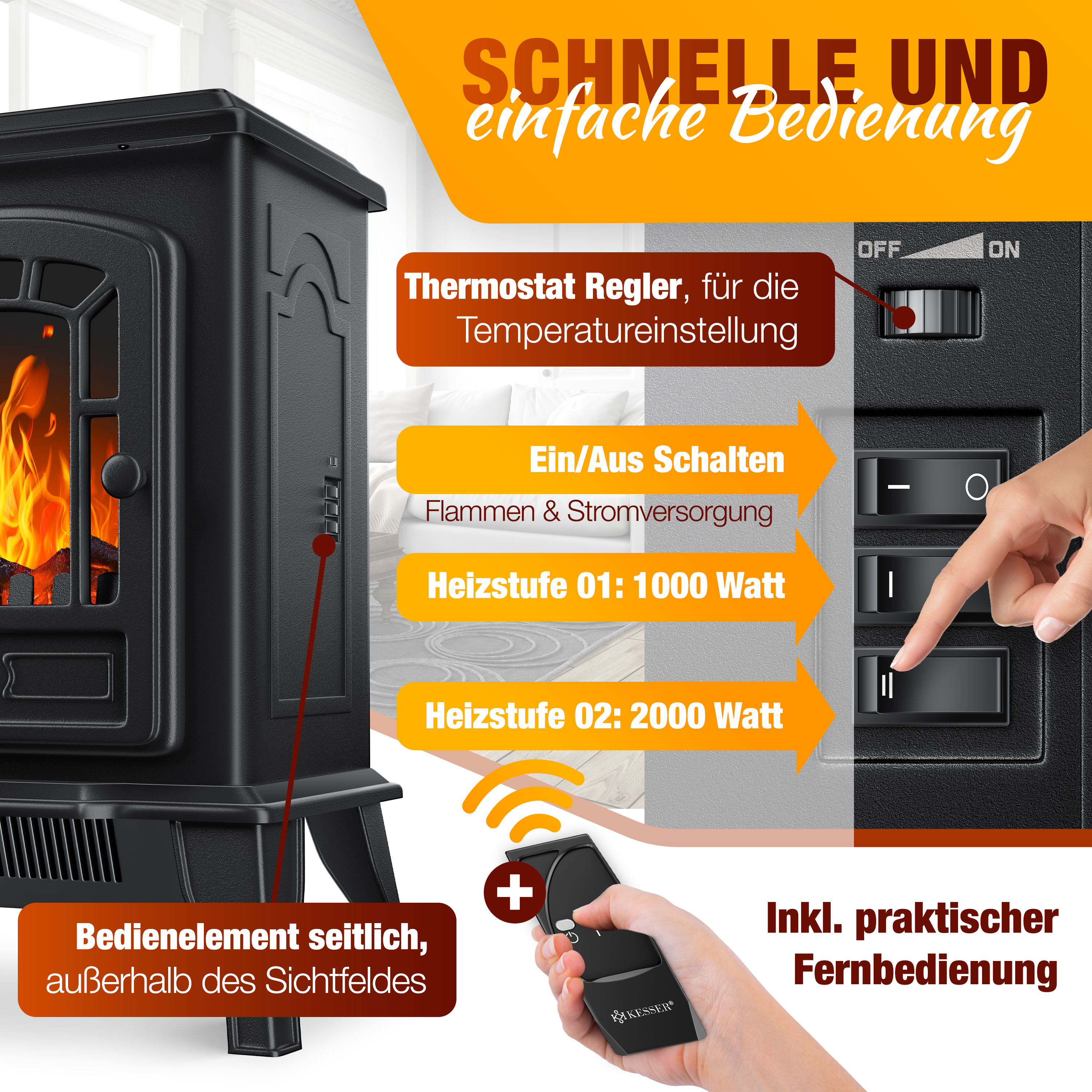 DMS® Elektrokamin Mit Heizlüfter 2000W Elektro Ka Produktbild-Vorschau 3