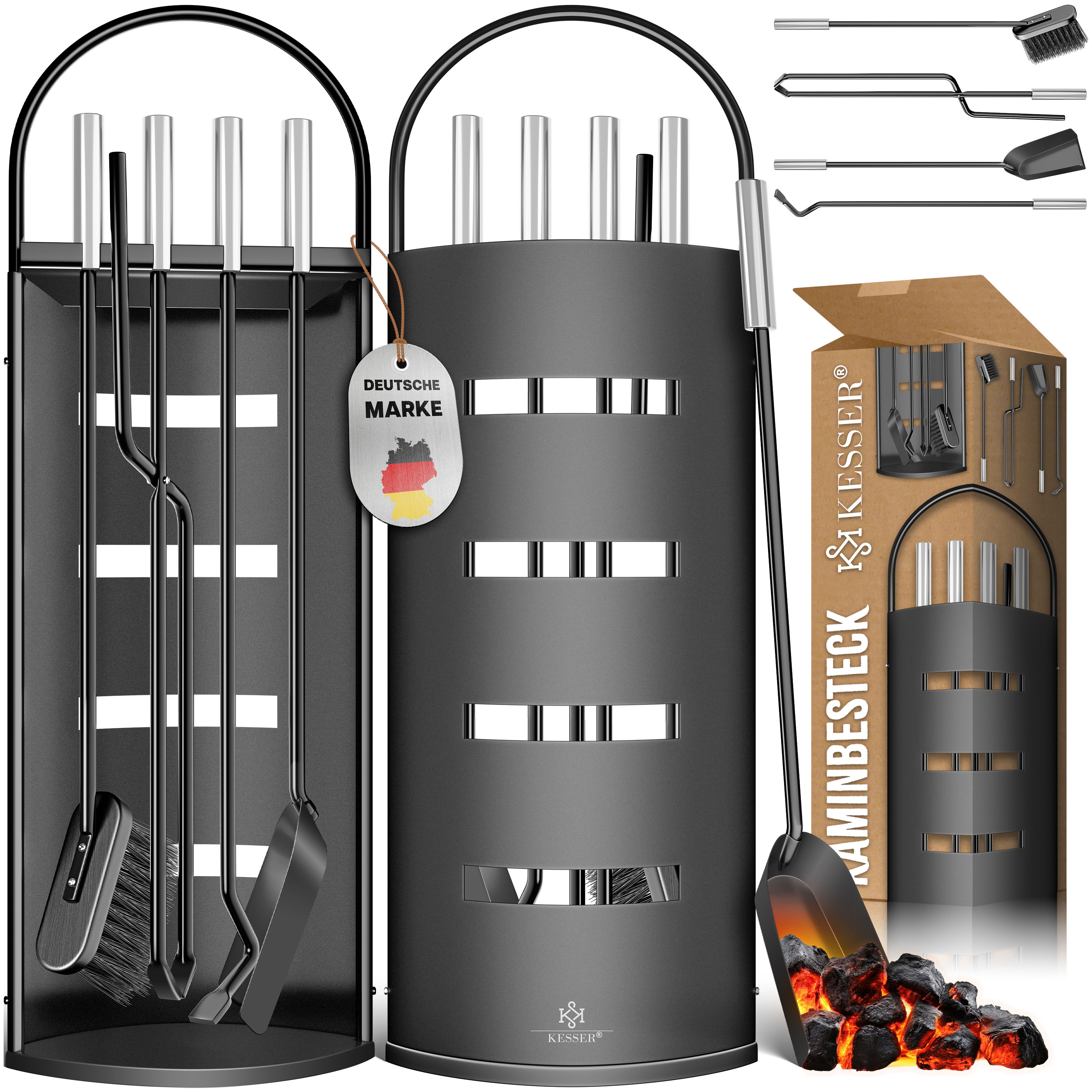 KESSER&reg; Kaminzubeh&ouml;r 5-teiliges Kaminbesteck Set &ndash; Modern Design, beschichtet, Hochwertige Kamingarnitur aus 5 Teilen: Besen, Schaufel, Sch&uuml;rhaken, Zange, St&auml;nder mit Sichtschutz Edelstahl 