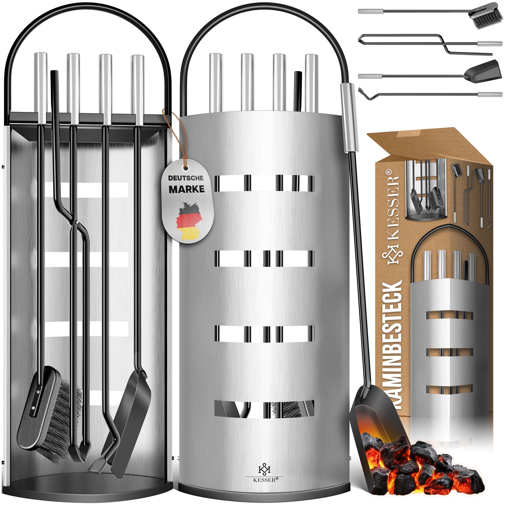 KESSER® Kaminzubehör 5-teiliges Kaminbesteck Set – Modern Design, beschichtet, Hochwertige Kamingarnitur aus 5 Teilen: Besen, Schaufel, Schürhaken, Zange, Ständer mit Sichtschutz Edelstahl