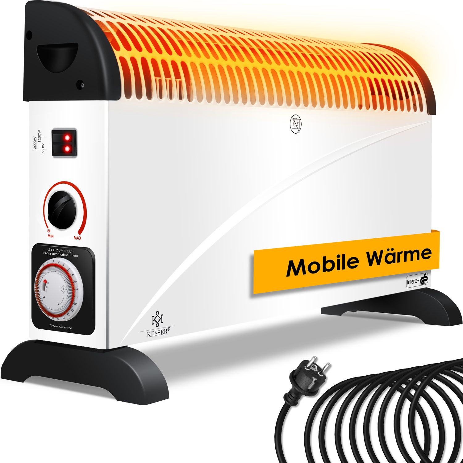 KESSER Konvektor 2000 Watt Heizger&auml;t , 24h Timer | stufenlose Thermosteuerung | Turbo Heizung | 3 Stufen | Tragemulden 