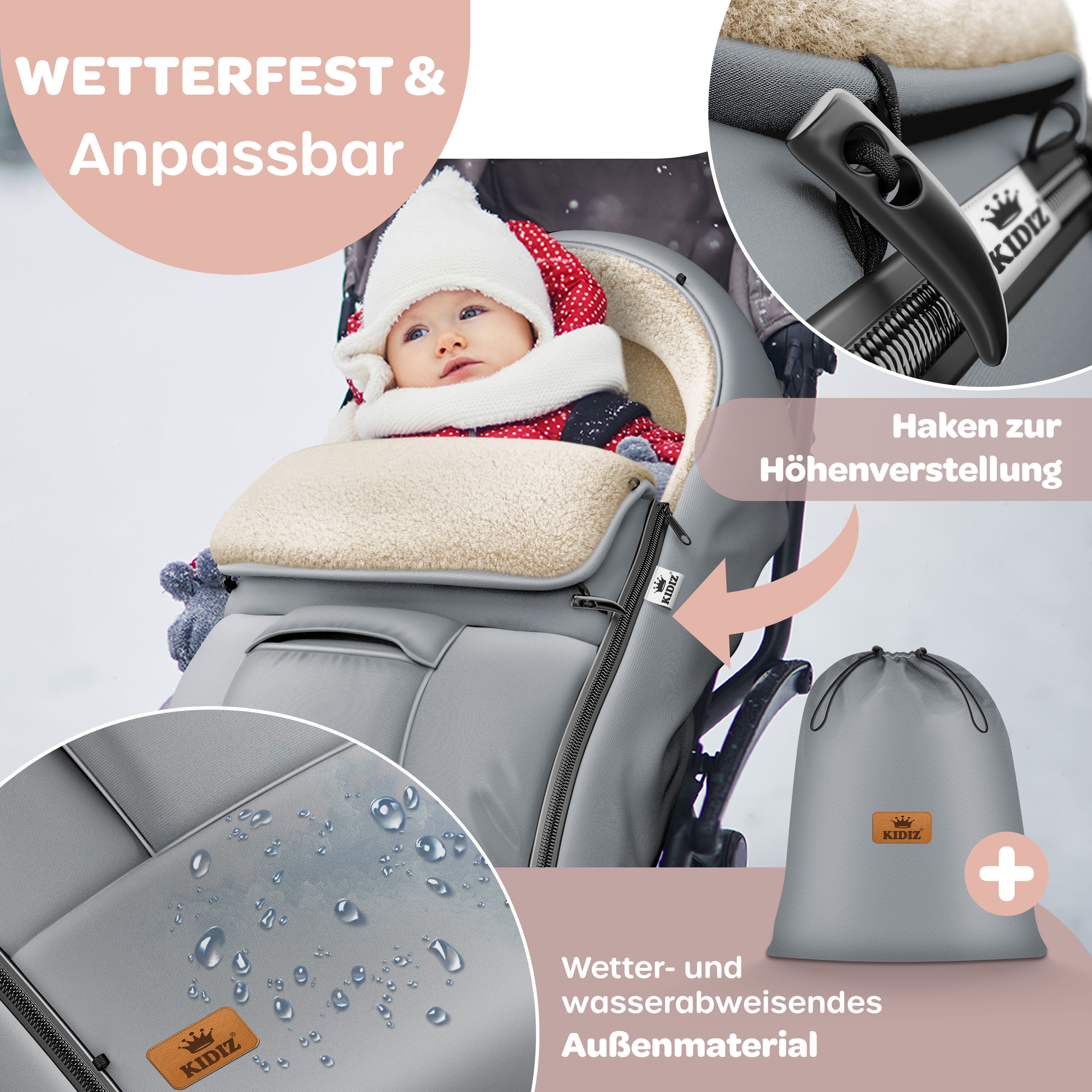 KIDIZ&reg; Babyfu&szlig;sack Baby Fu&szlig;sack Winterfu&szlig;sack Babyschale mit Rei&szlig;verschluss Kuschelsack Babydecke Kinderwagen waschbar verschlie&szlig;barer Kopfteil, Tasche, passend f&uuml;r alle Kinderwagen 