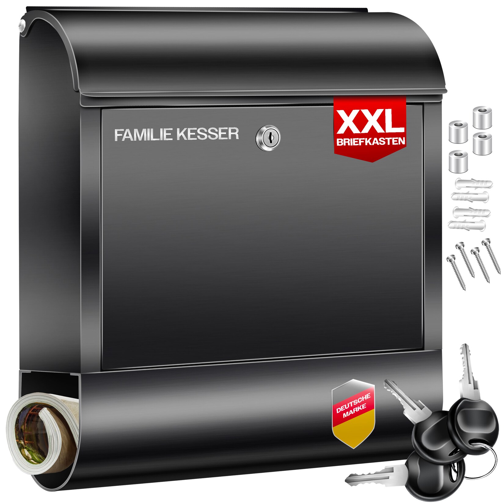 ® XXL Briefkasten Edelstahl mit Zeitungsfach , gebürstet , 3x Schlüssel abschließbar , Pulverbeschichtet , Wandmontage , groß Front-Einwurf: DIN C4 = DIN A4  , inkl. Montagematerial
