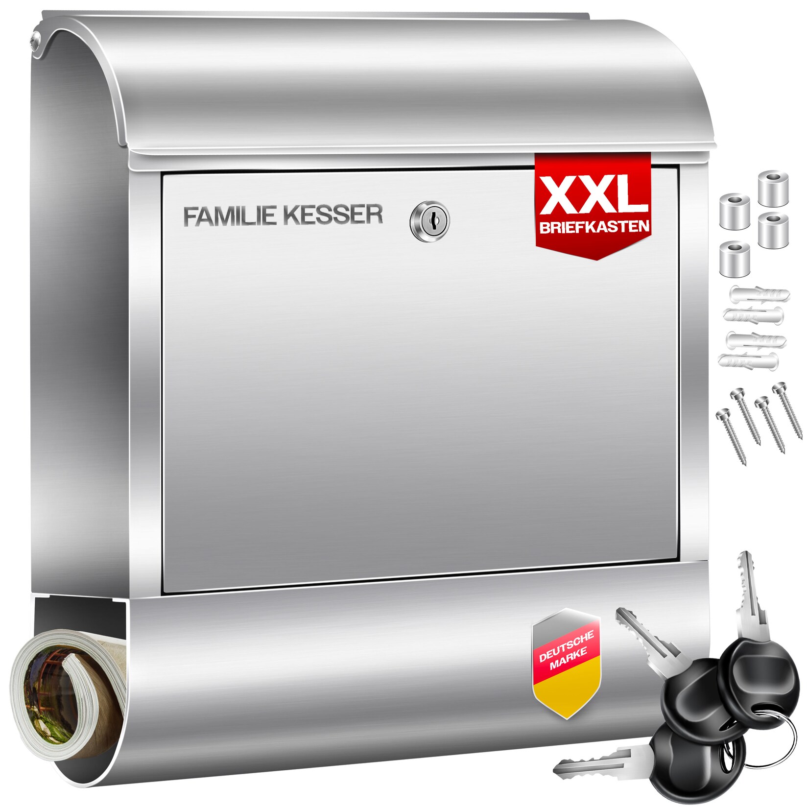 ® XXL Briefkasten Edelstahl mit Zeitungsfach , gebürstet , 3x Schlüssel abschließbar , Pulverbeschichtet , Wandmontage , groß Front-Einwurf: DIN C4 = DIN A4  , inkl. Montagematerial
