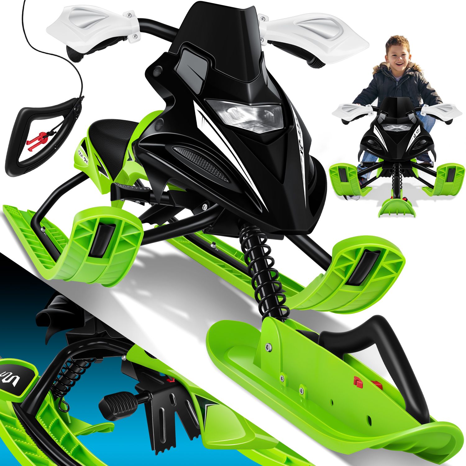 KESSER&reg; Lenkschlitten mit 2 Fu&szlig;bremsen | Automatisches Zugseil | Federung | Kufenlenkung | Bob Kinderschlitten Rodel Schlitten | Skiboblenkschlitten | 