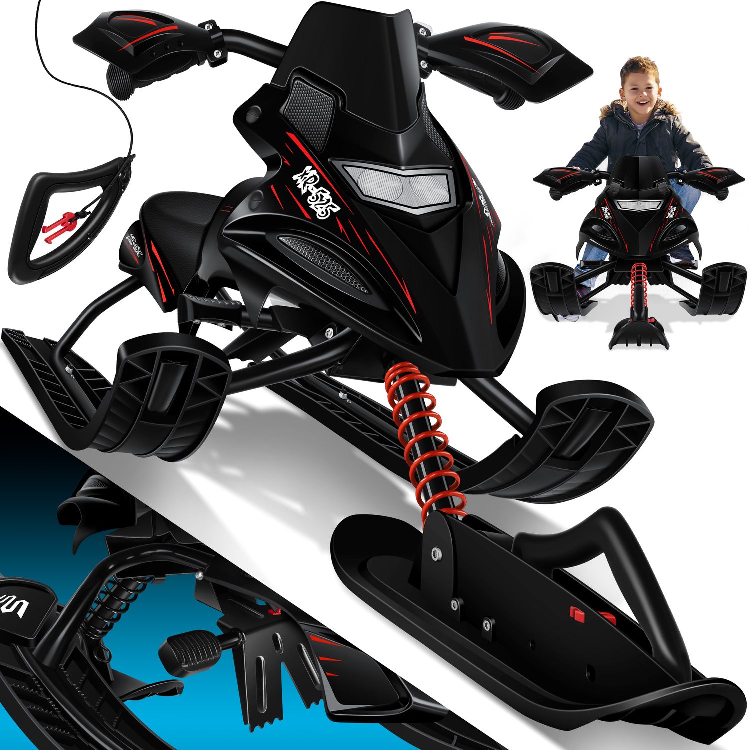 KESSER&reg; Lenkschlitten mit 2 Fu&szlig;bremsen | Automatisches Zugseil | Federung | Kufenlenkung | Bob Kinderschlitten Rodel Schlitten | Skiboblenkschlitten | 