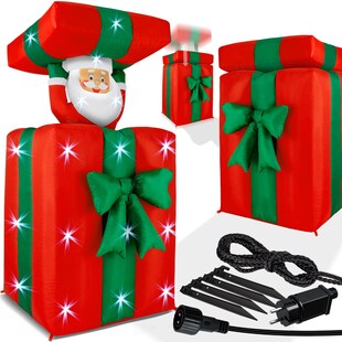 KESSER® Aufblasbarer Weihnachtsmann Geschenk Nikolaus 152cm Groß Springt-aus-der-Box Weihnachten LED Beleuchtet Deko inkl. Befestigungsmaterial Weihnachtsdekoration Weihnachtsdeko 